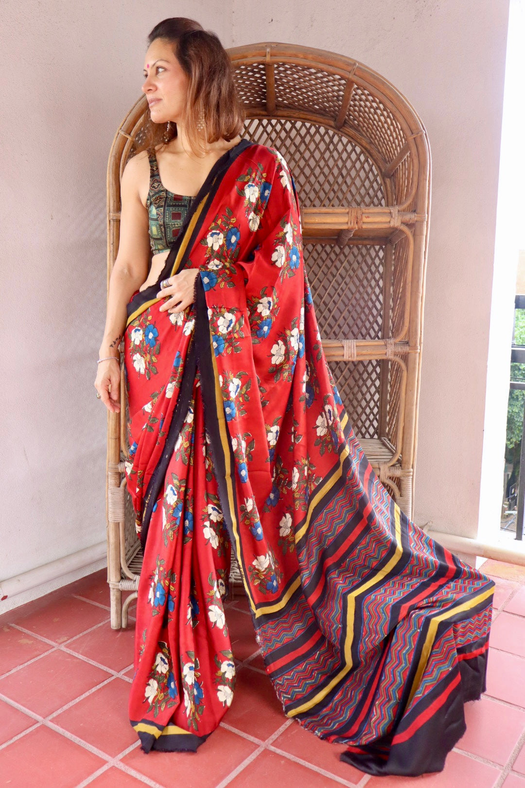 Bright Red Natural Dye Floral Handblock Print Modal Silk Saree (Copy)