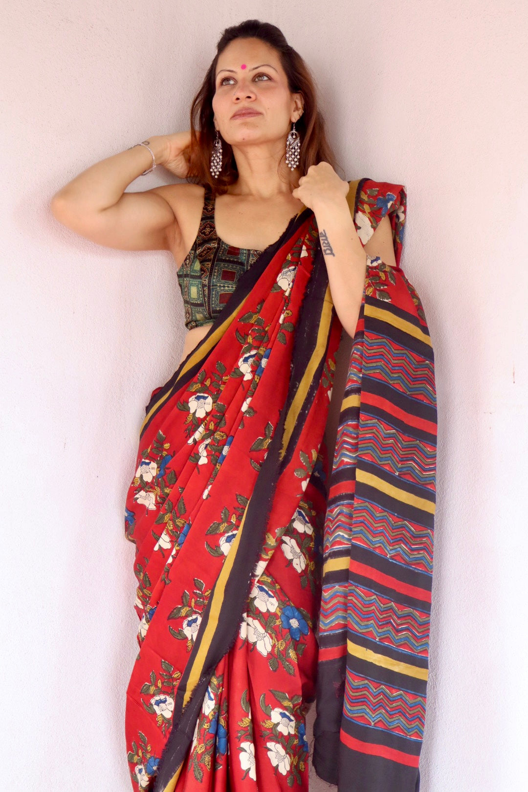 Bright Red Natural Dye Floral Handblock Print Modal Silk Saree (Copy)