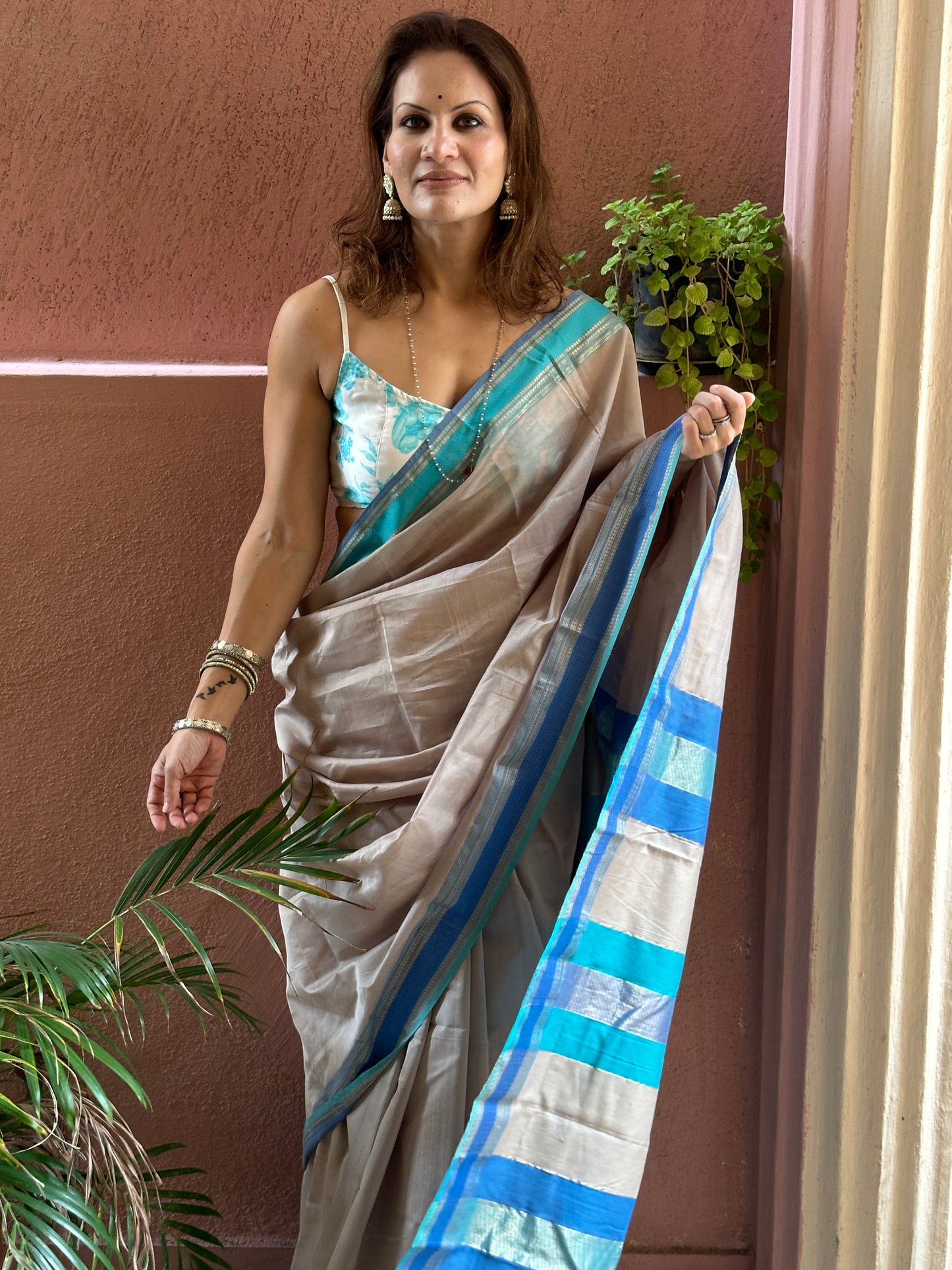 Blue & Grey Handloom Pure Maheshwari Sari