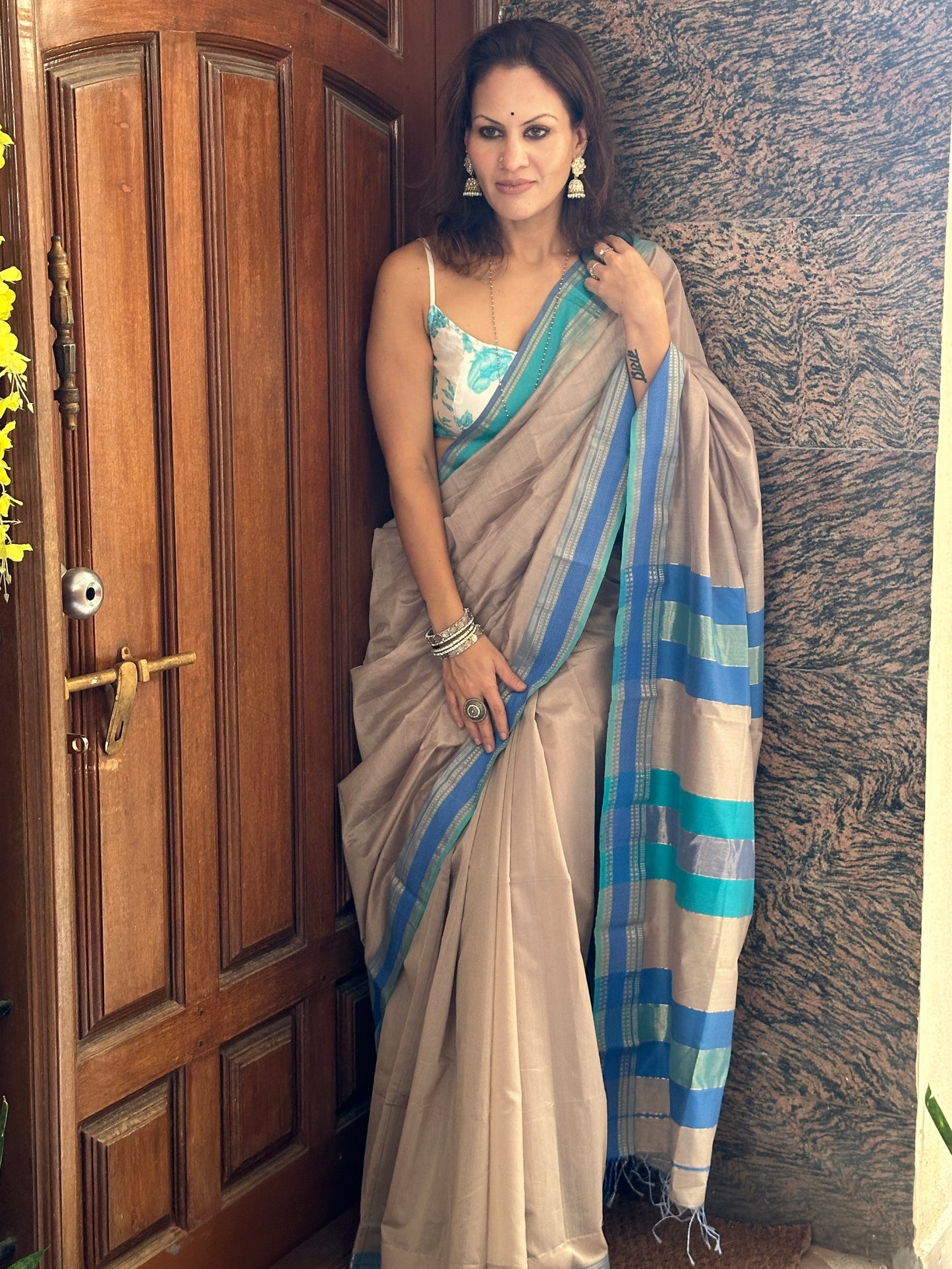 Blue & Grey Handloom Pure Maheshwari Sari