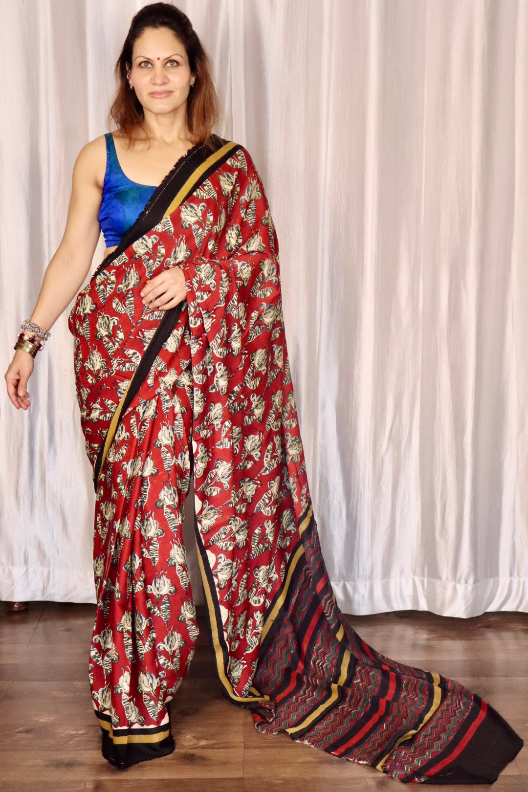 Red Natural Dye Floral Handblock Print Modal Silk Saree
