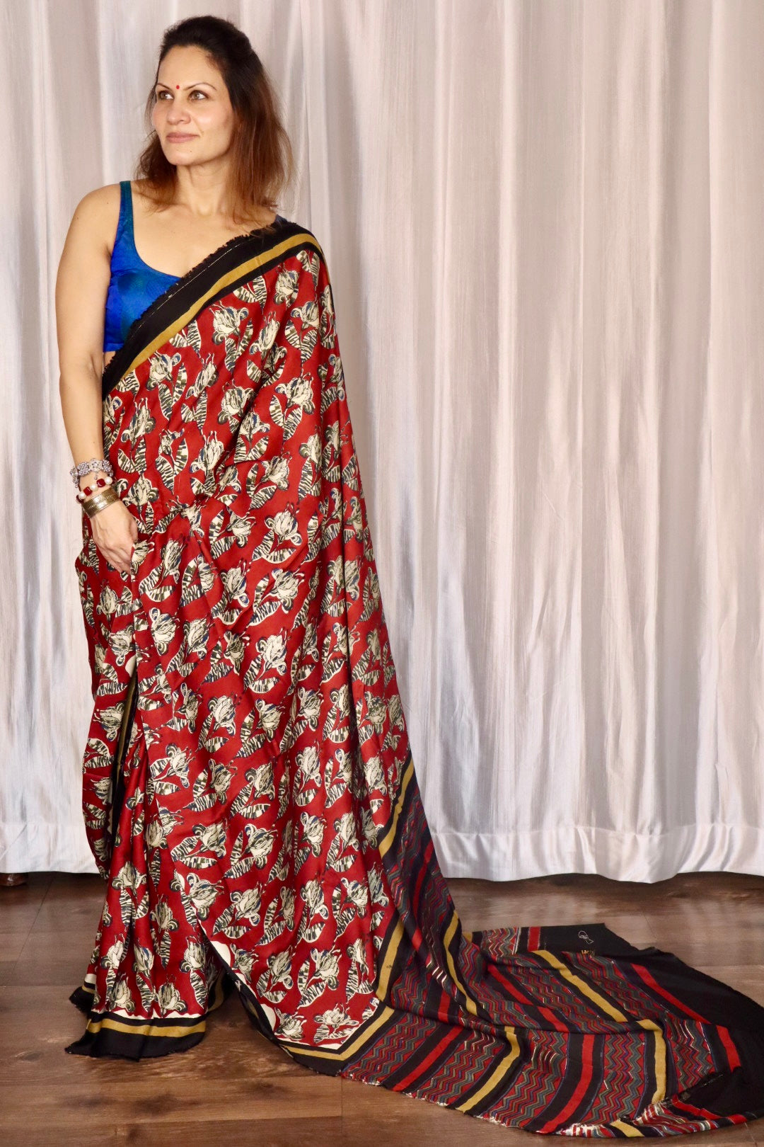 Red Natural Dye Floral Handblock Print Modal Silk Saree