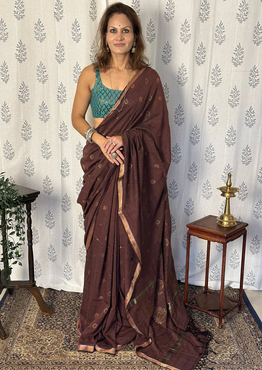 Purplish Brown Pure Cotton Jamdani Saree with Intricate Zari Work