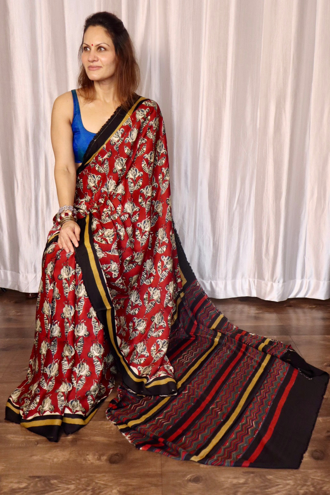 Red Natural Dye Floral Handblock Print Modal Silk Saree