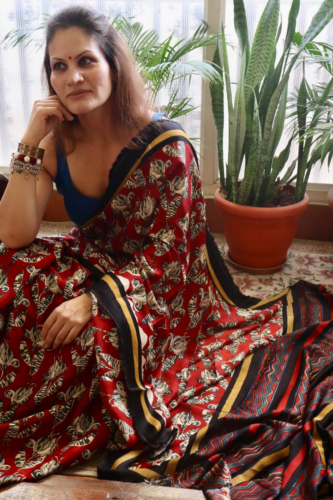 Red Natural Dye Floral Handblock Print Modal Silk Saree