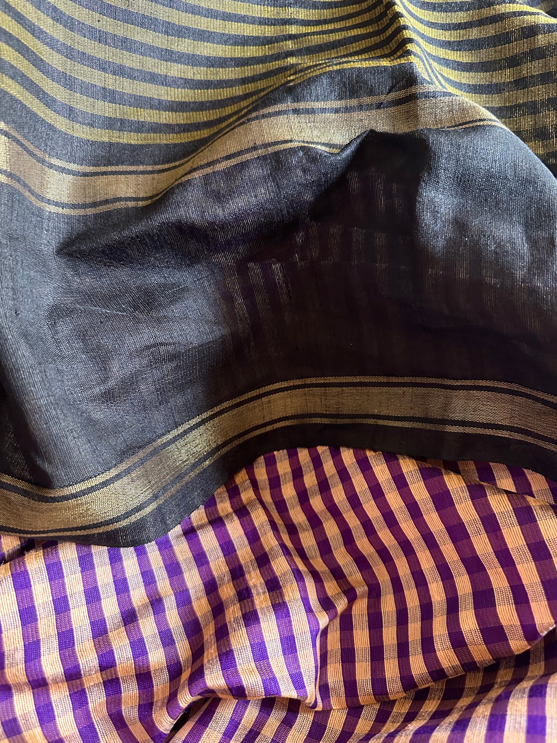 Pure Raw Silk with Small Checks, Khapa Contrast Pallu, Temple Border - Raahini