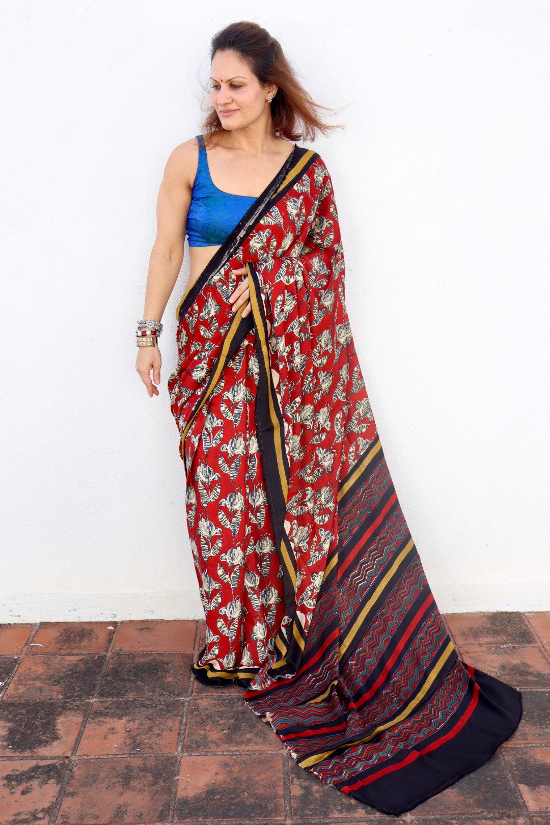 Red Natural Dye Floral Handblock Print Modal Silk Saree