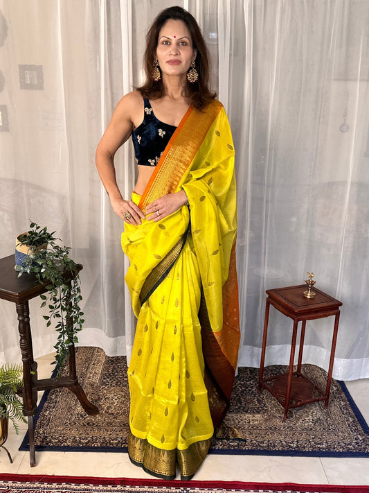 Yellow Pure Katan Silk and Cotton Banarasi Sari with Zari Work