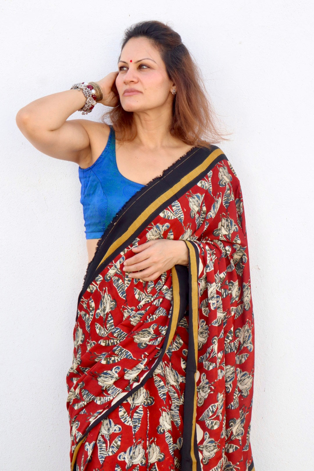 Red Natural Dye Floral Handblock Print Modal Silk Saree