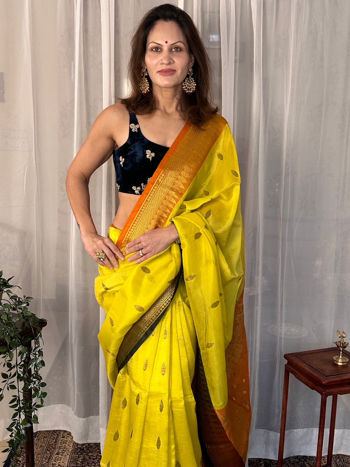 Yellow Pure Katan Silk and Cotton Banarasi Sari with Zari Work