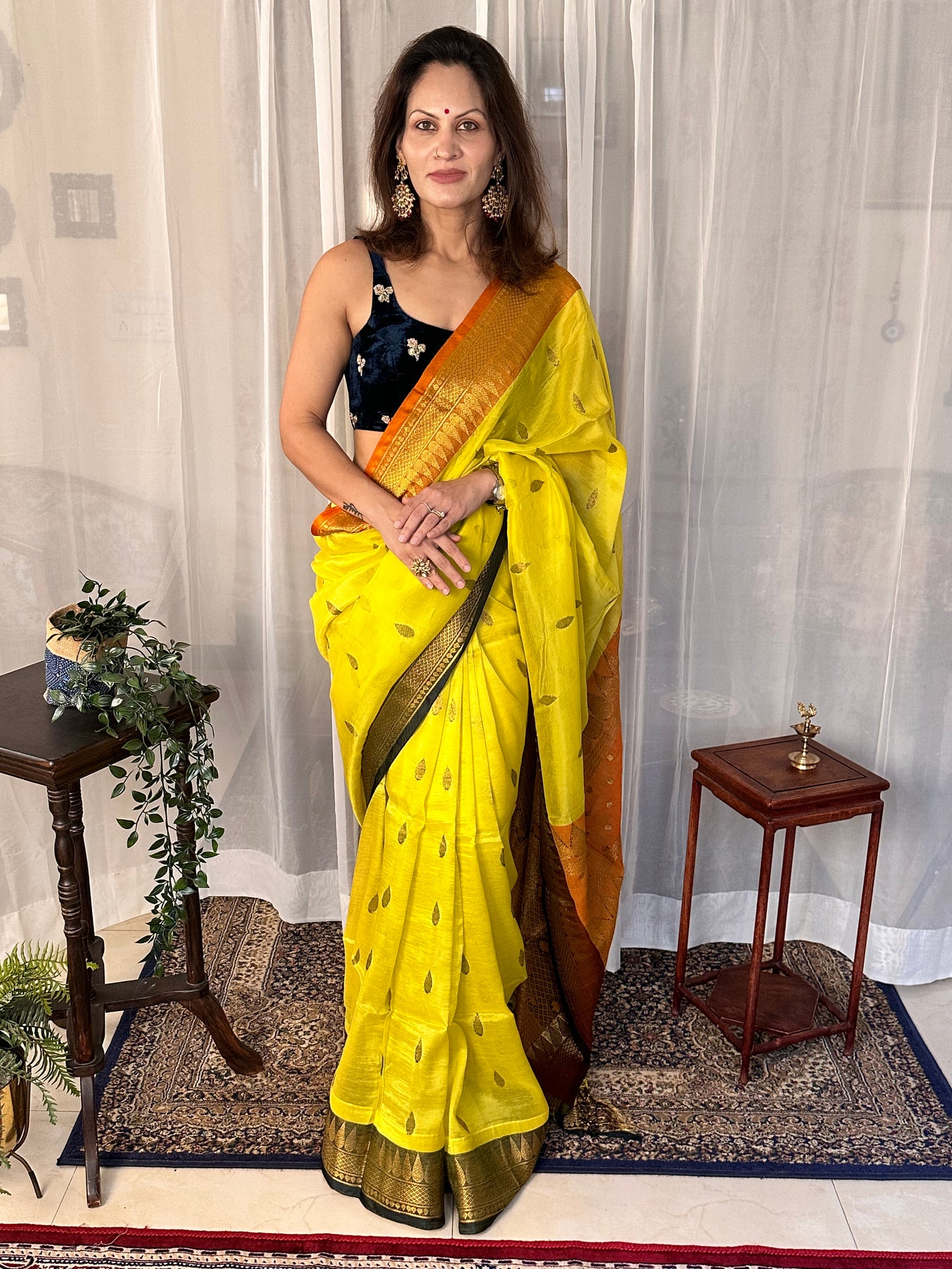 Yellow Pure Katan Silk and Cotton Banarasi Sari with Zari Work