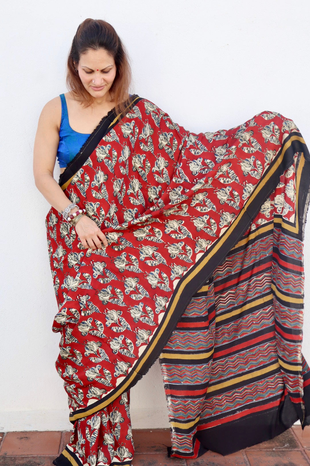 Red Natural Dye Floral Handblock Print Modal Silk Saree