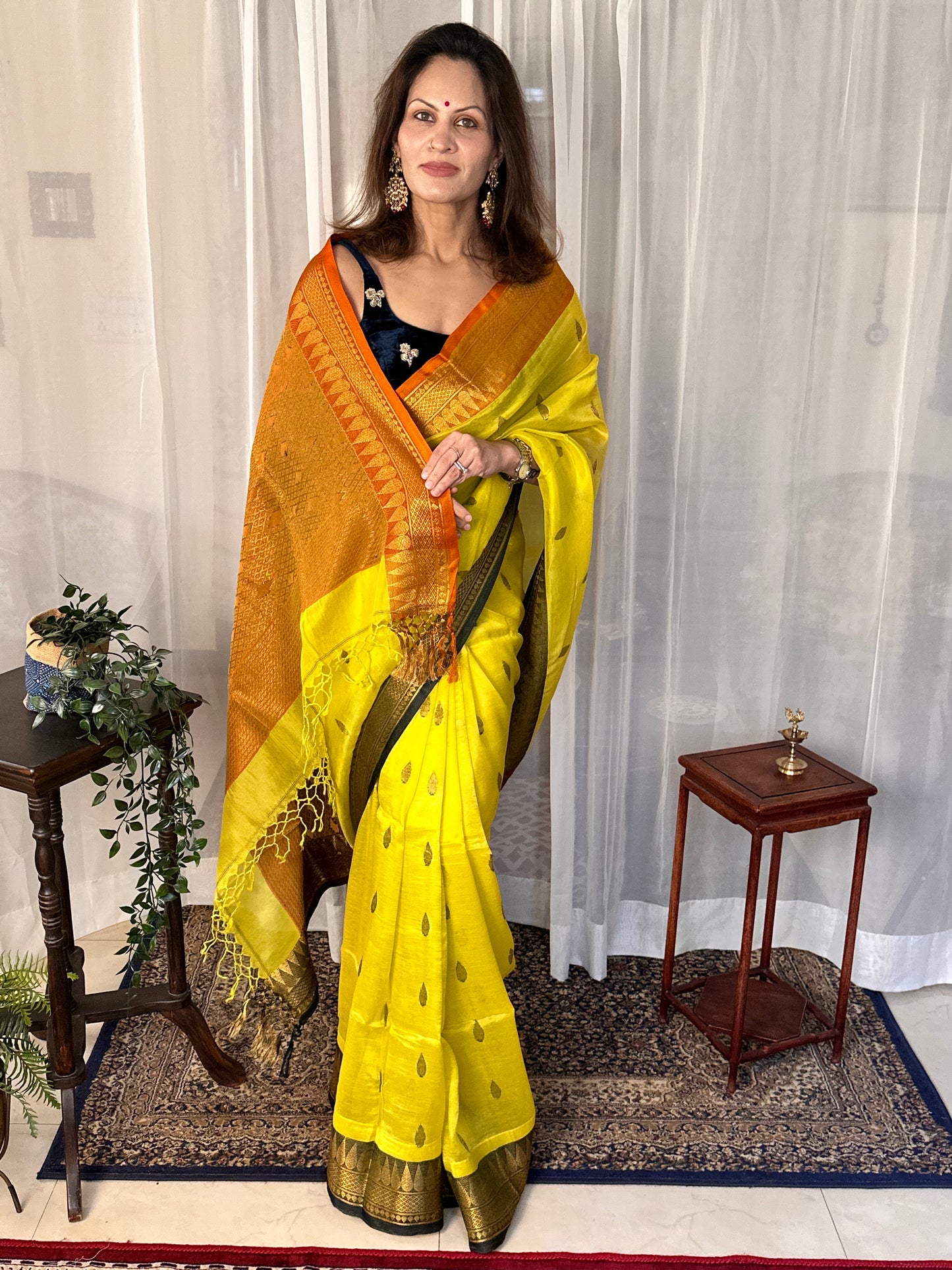 Yellow Pure Katan Silk and Cotton Banarasi Sari with Zari Work