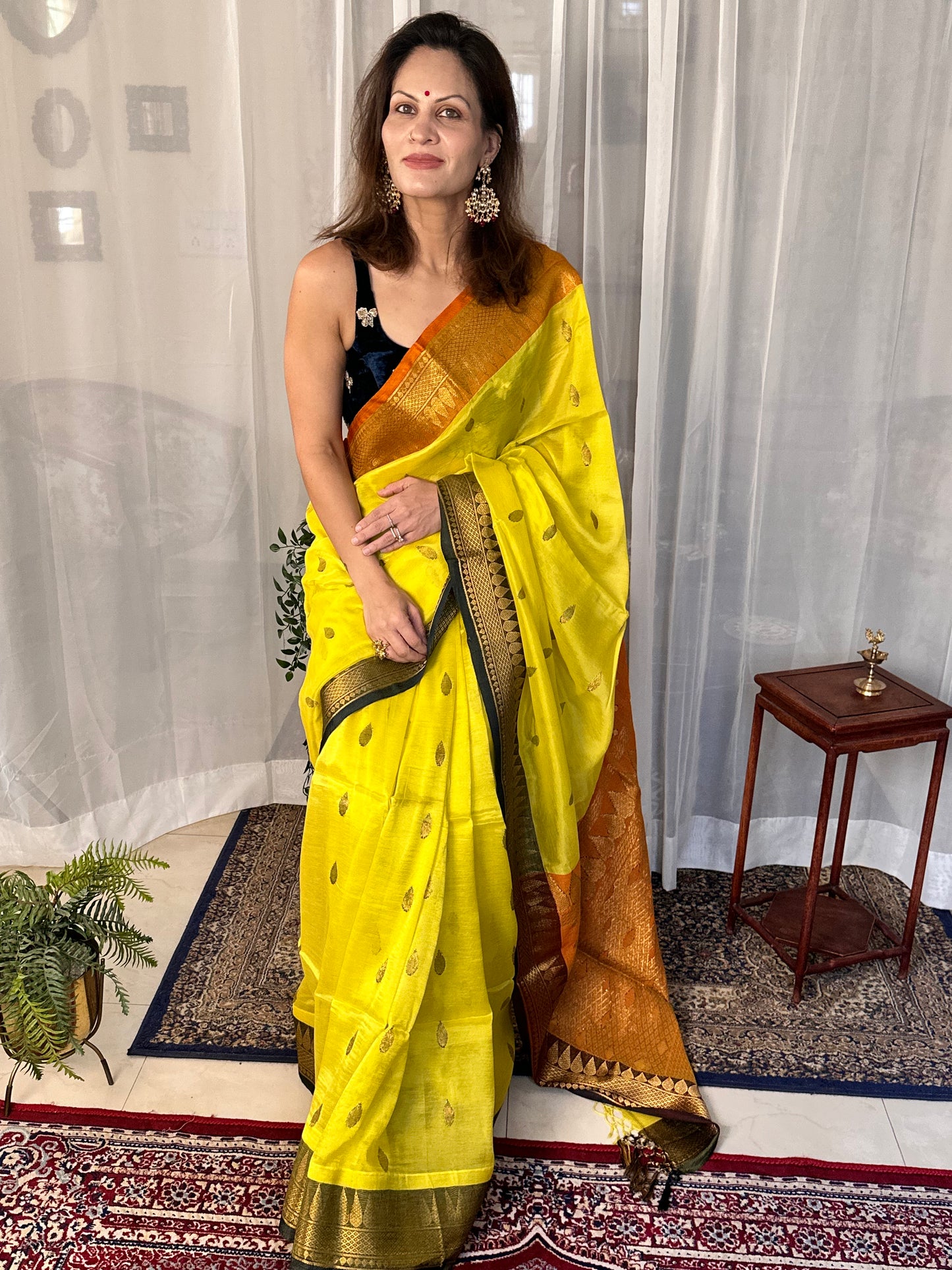 Yellow Pure Katan Silk and Cotton Banarasi Sari with Zari Work