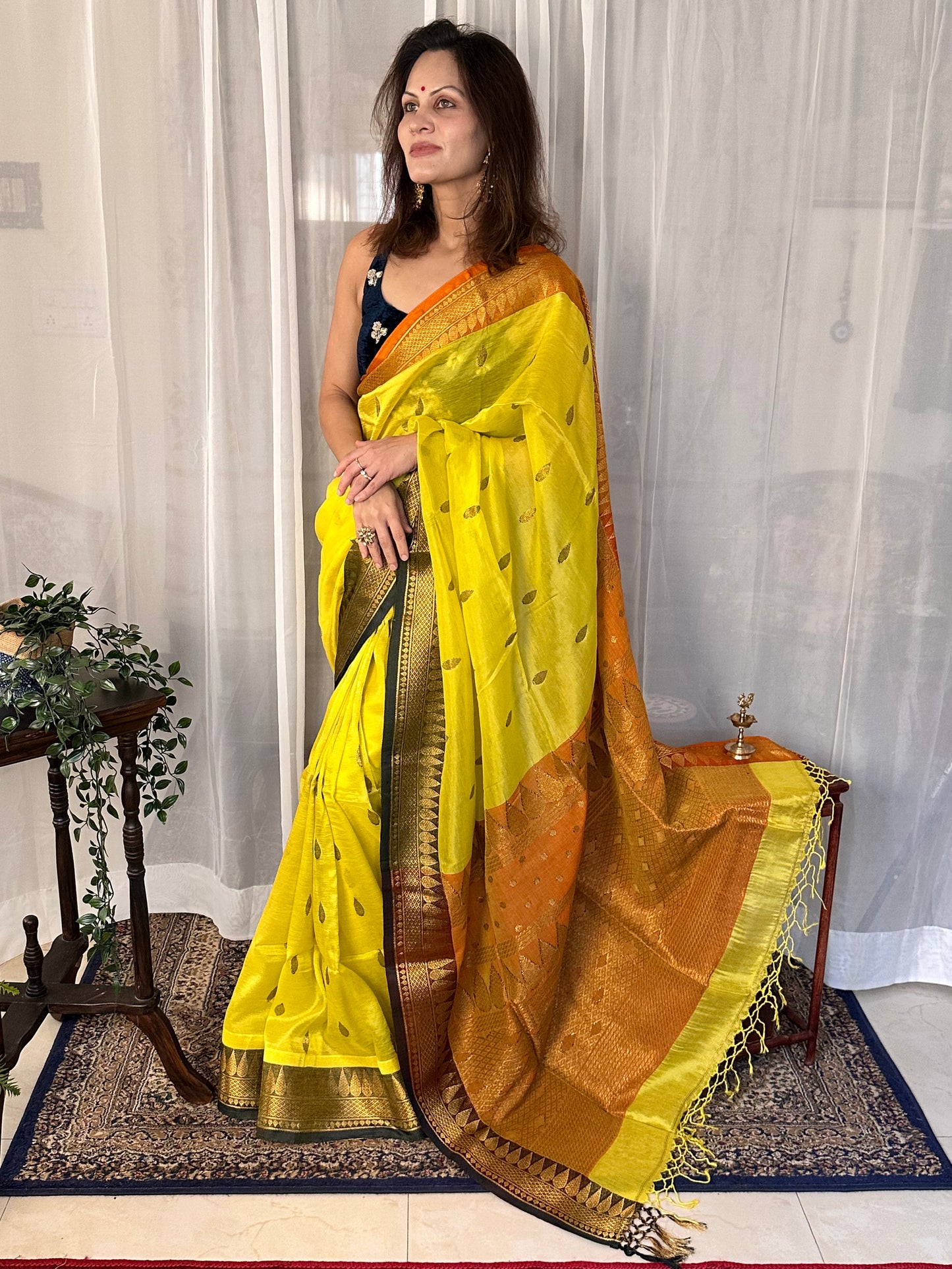 Yellow Pure Katan Silk and Cotton Banarasi Sari with Zari Work