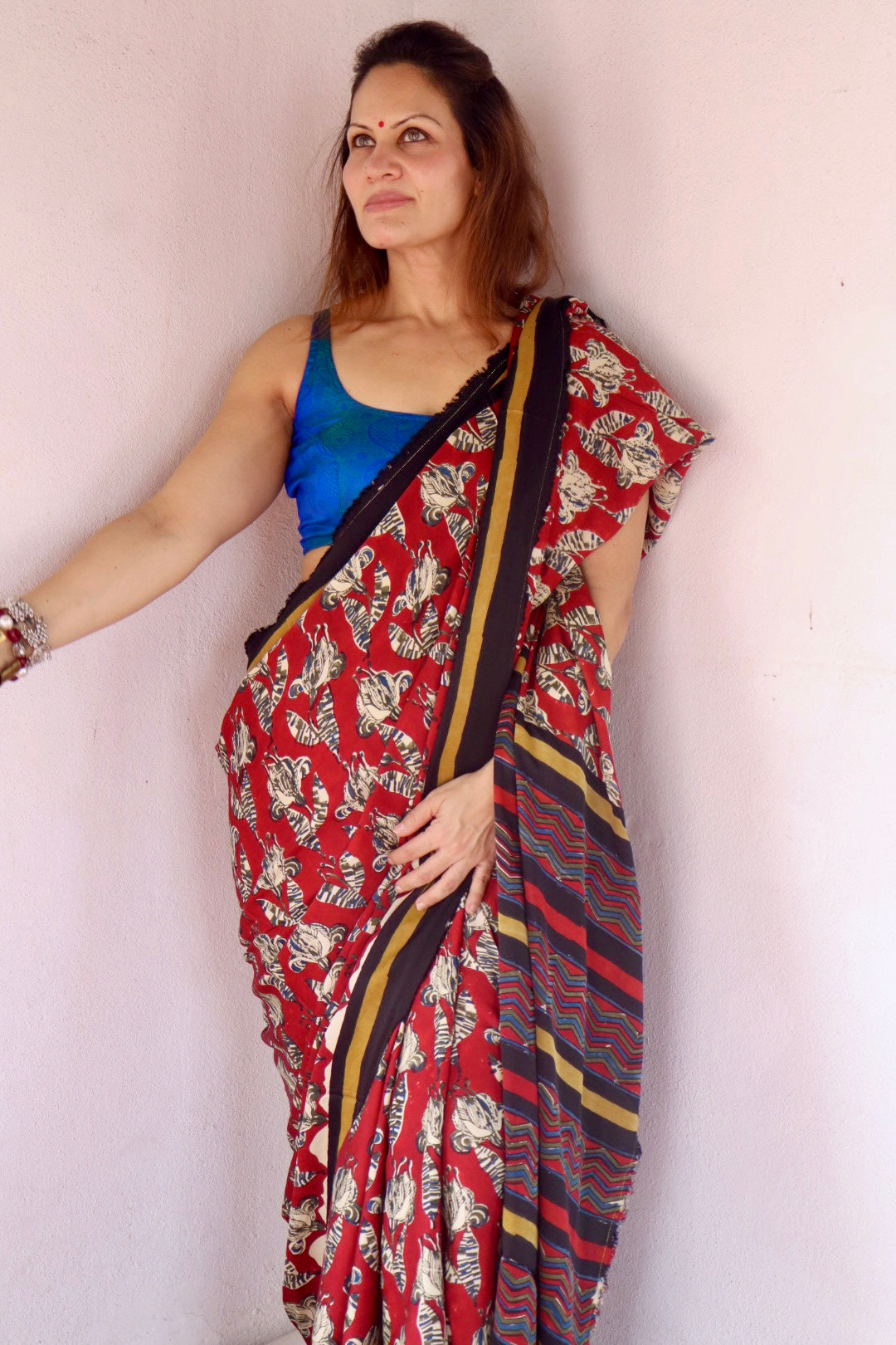 Red Natural Dye Floral Handblock Print Modal Silk Saree
