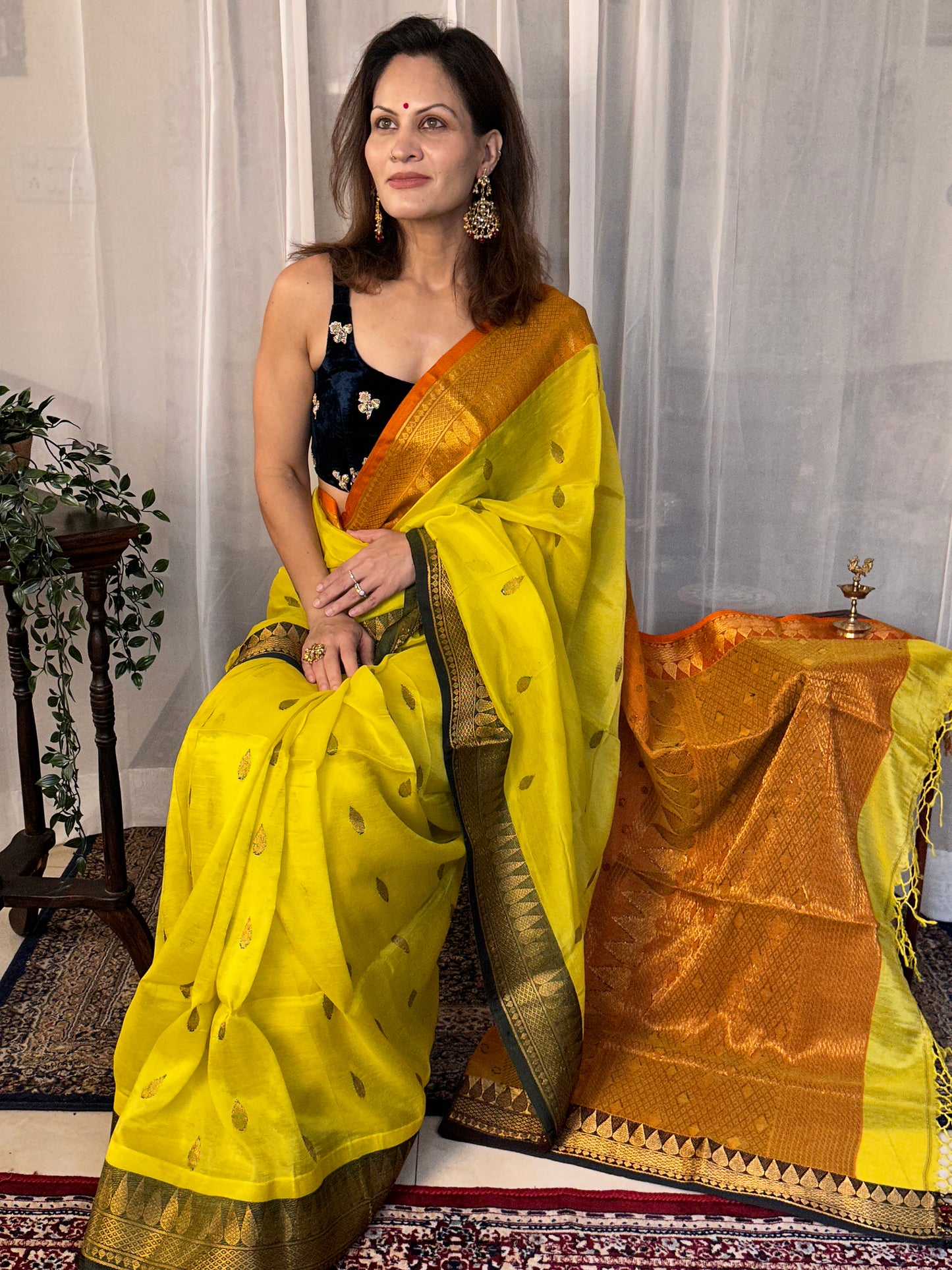 Yellow Pure Katan Silk and Cotton Banarasi Sari with Zari Work