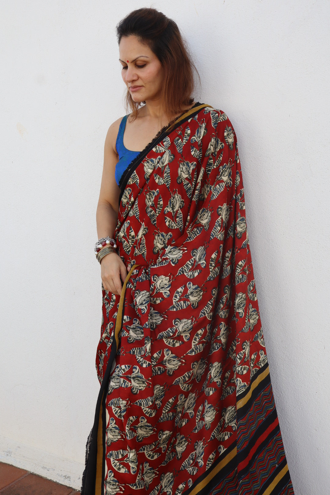 Red Natural Dye Floral Handblock Print Modal Silk Saree