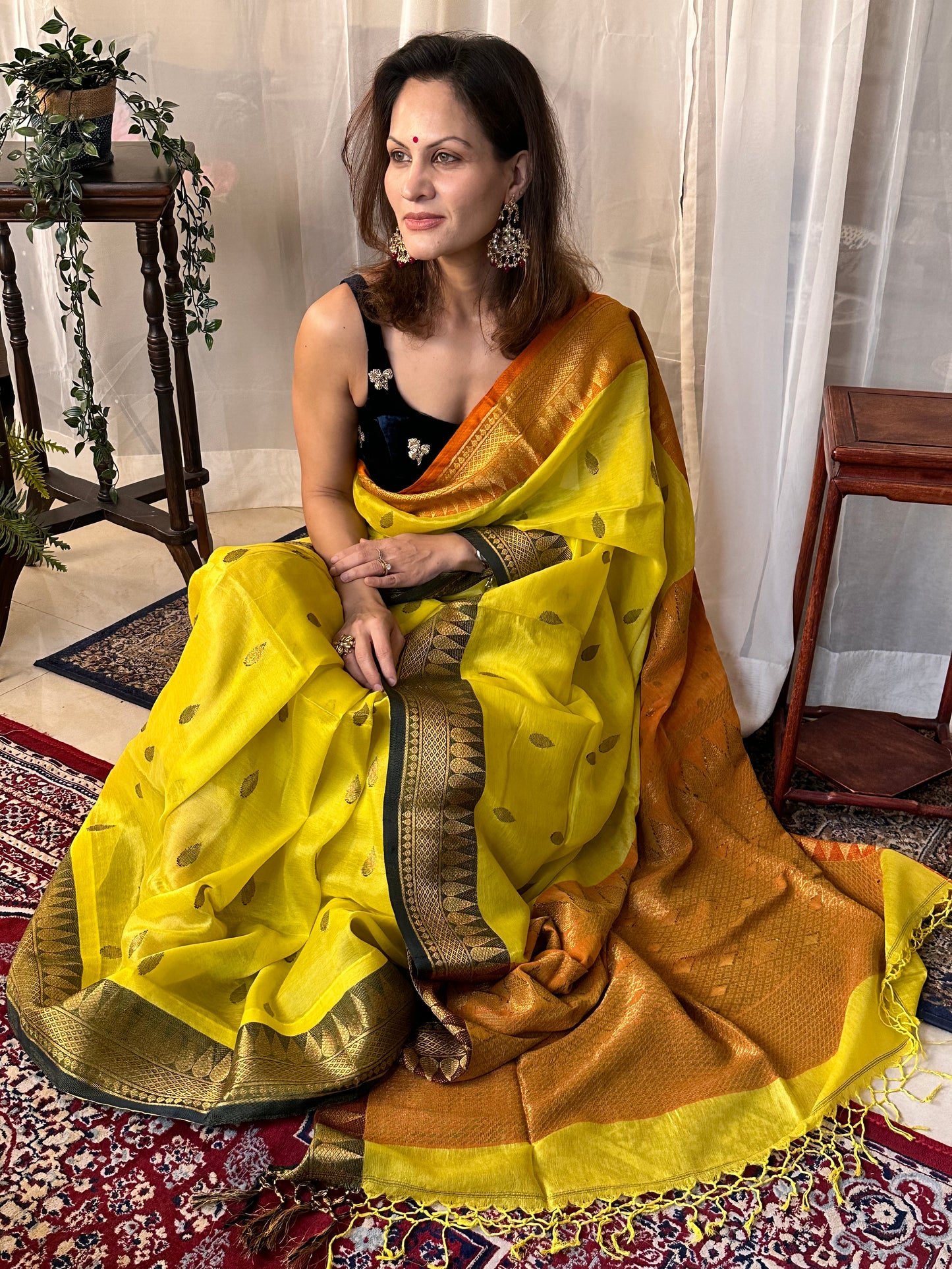 Yellow Pure Katan Silk and Cotton Banarasi Sari with Zari Work