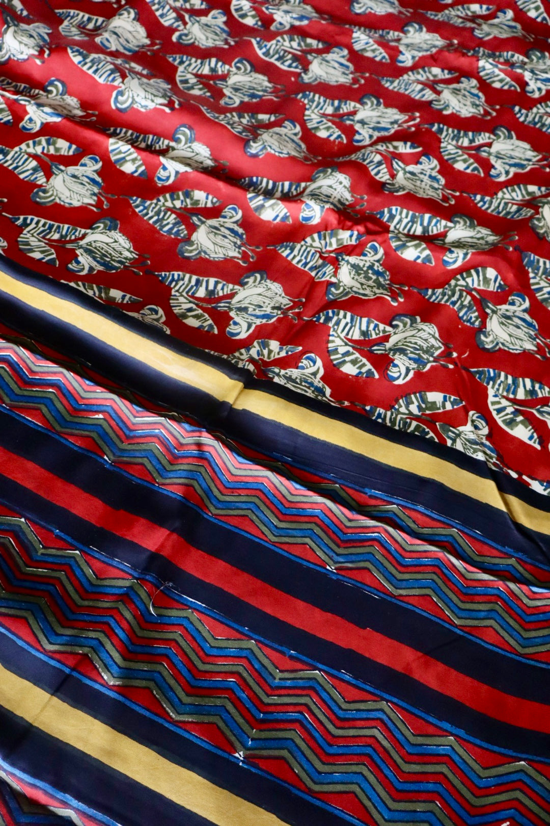Red Natural Dye Floral Handblock Print Modal Silk Saree