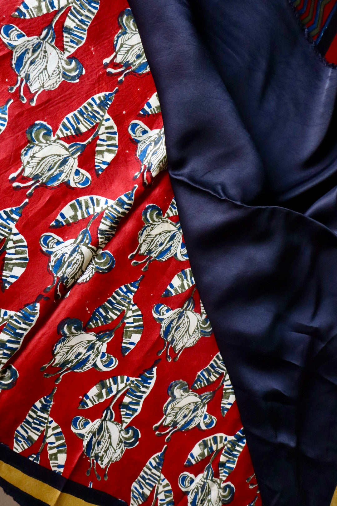 Red Natural Dye Floral Handblock Print Modal Silk Saree