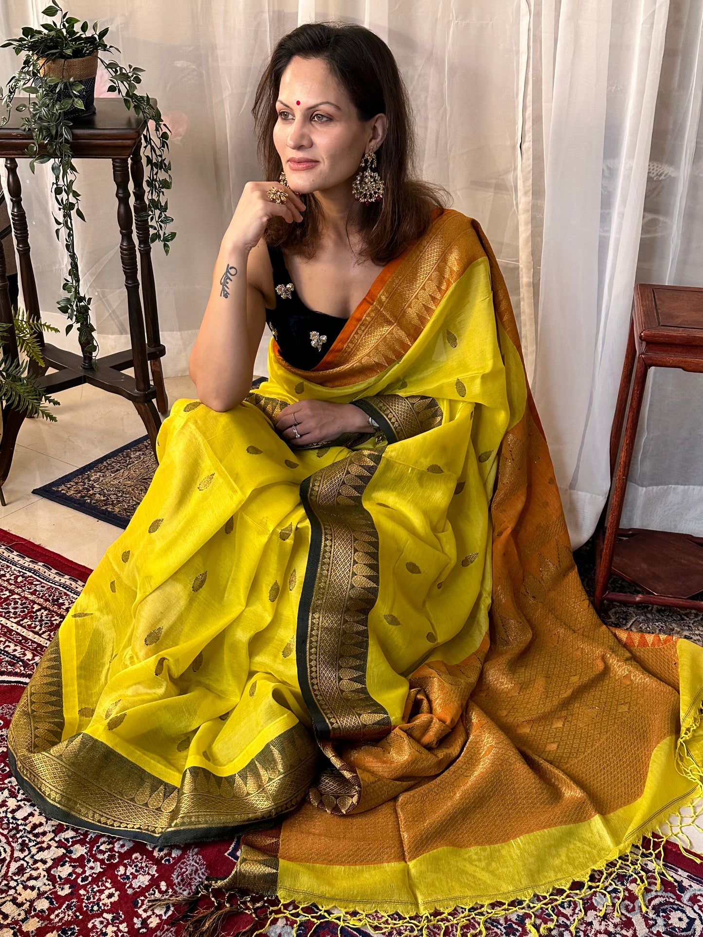 Yellow Pure Katan Silk and Cotton Banarasi Sari with Zari Work