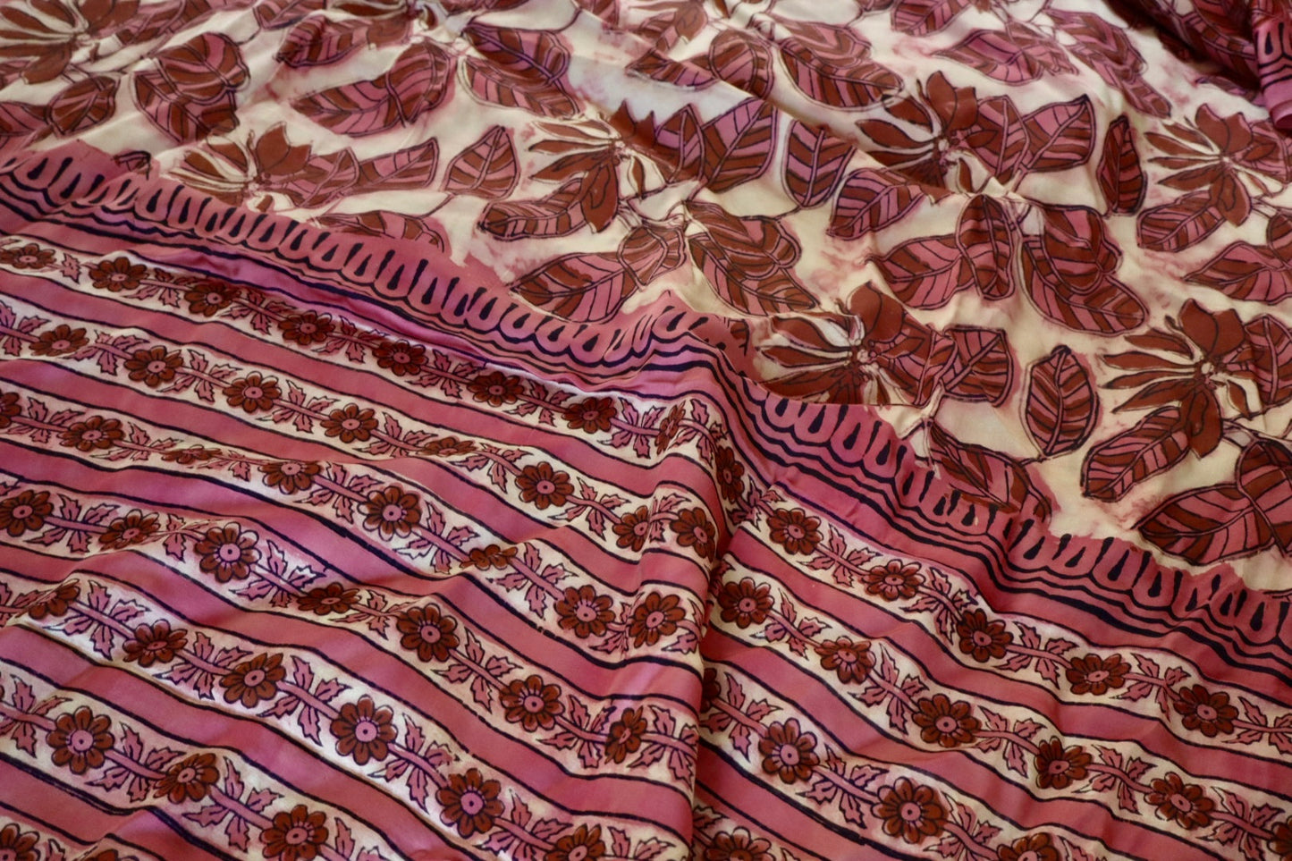 Pink & Beige Natural Dye Handblock Print Modal Silk Saree