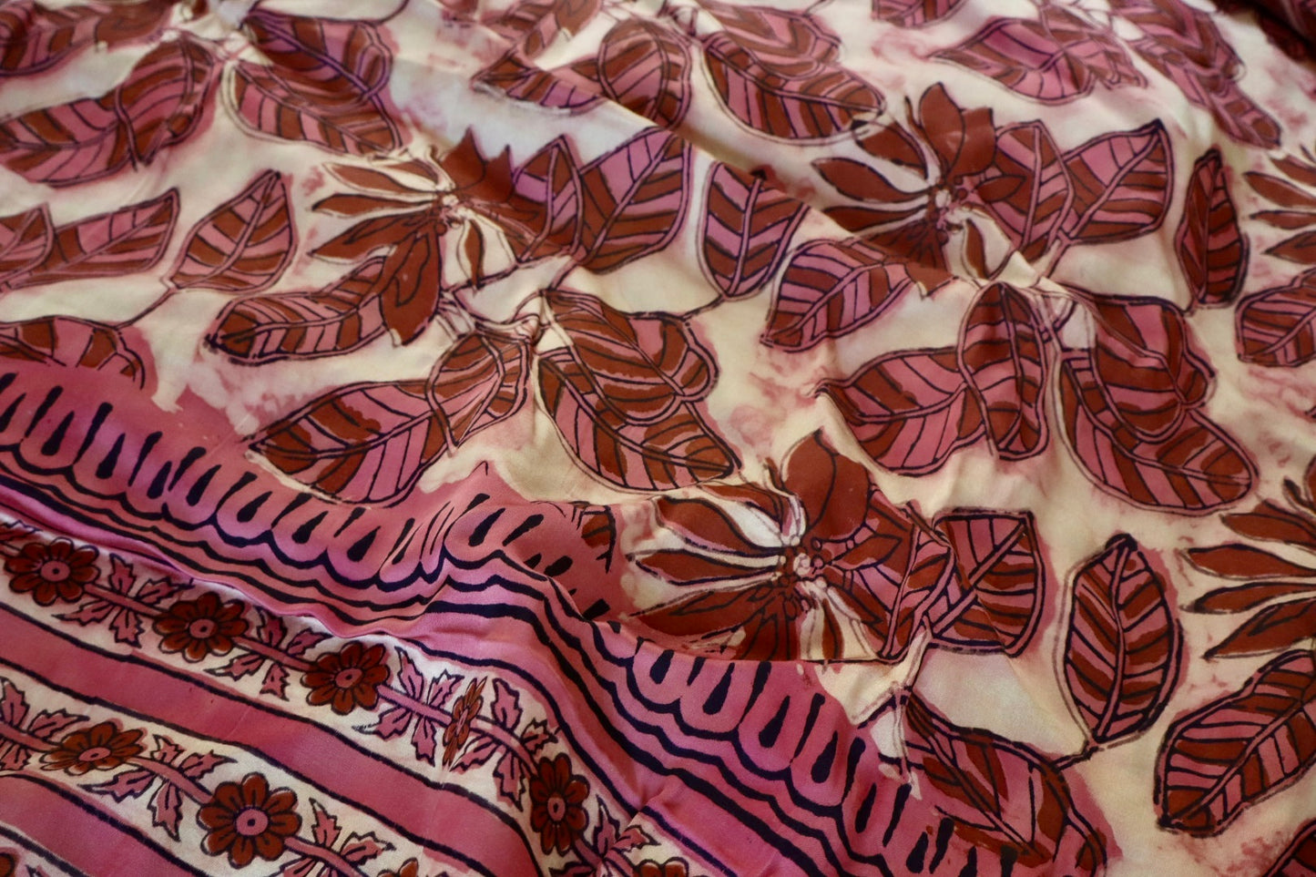 Pink & Beige Natural Dye Handblock Print Modal Silk Saree