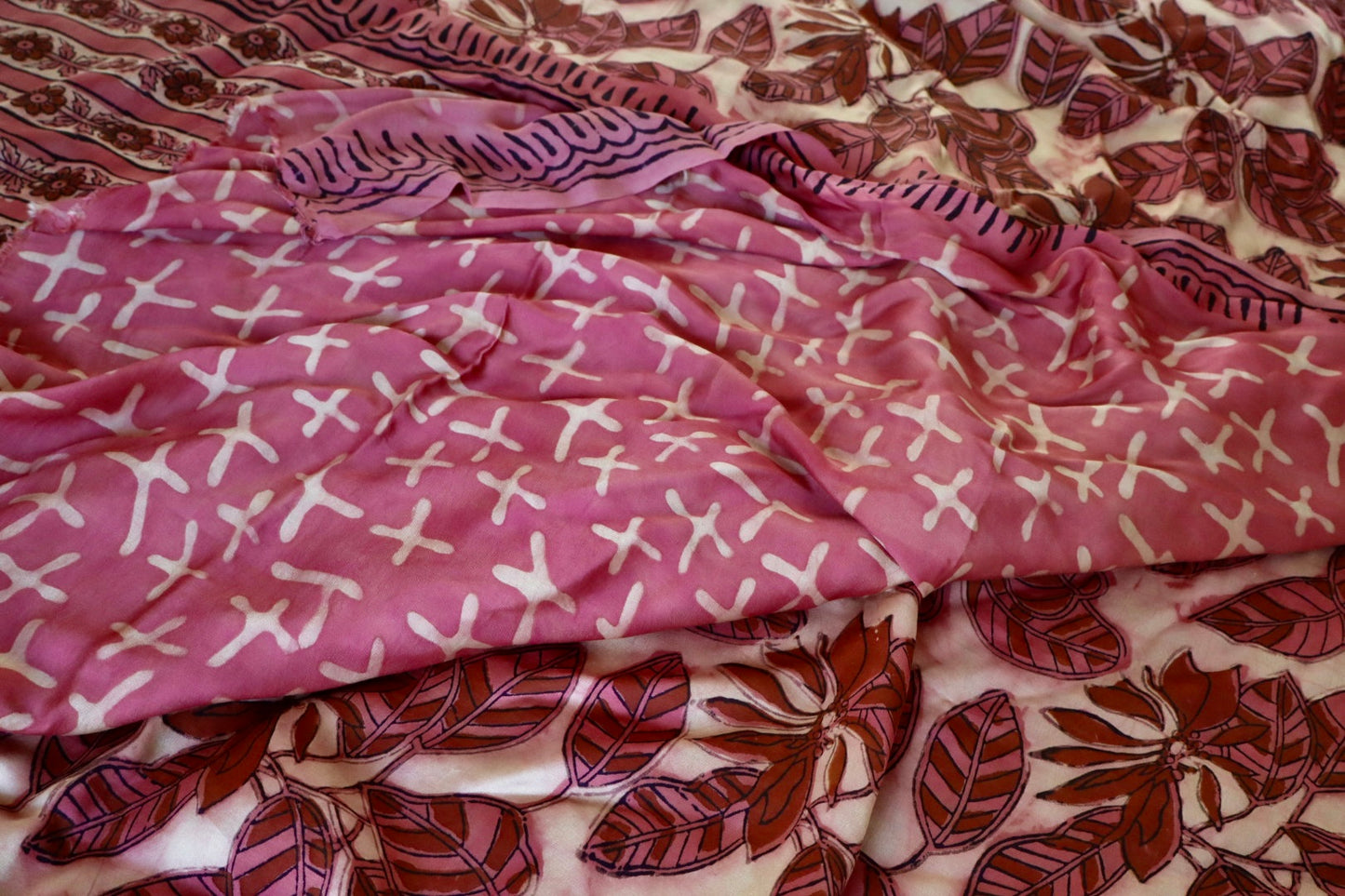 Pink & Beige Natural Dye Handblock Print Modal Silk Saree