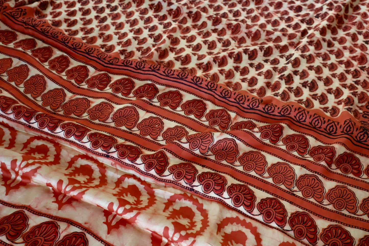 Orange & Beige Natural Dye Handblock Print Modal Silk Saree