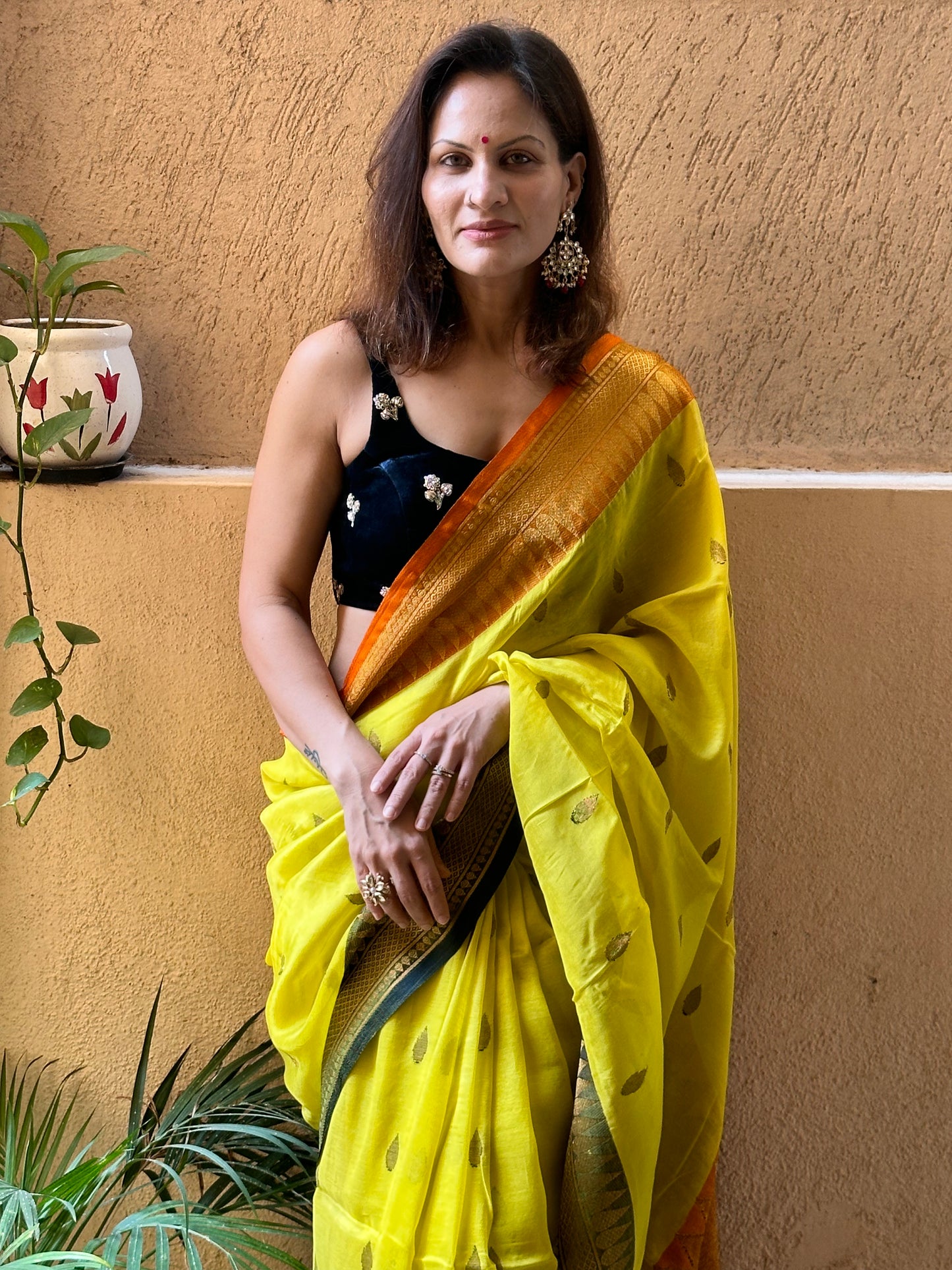 Yellow Pure Katan Silk and Cotton Banarasi Sari with Zari Work