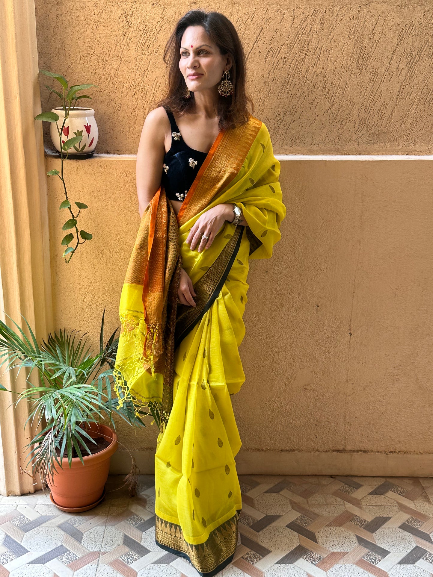 Yellow Pure Katan Silk and Cotton Banarasi Sari with Zari Work