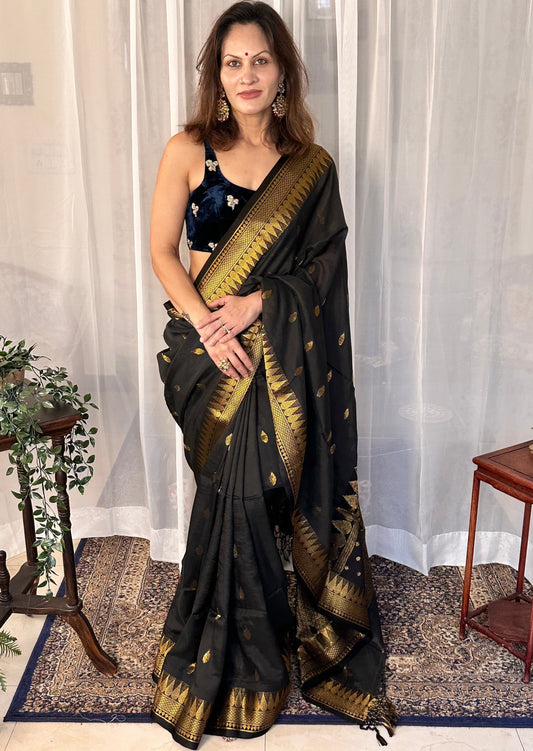 Black Pure Katan Silk and Cotton Banarasi Sari with Zari Work