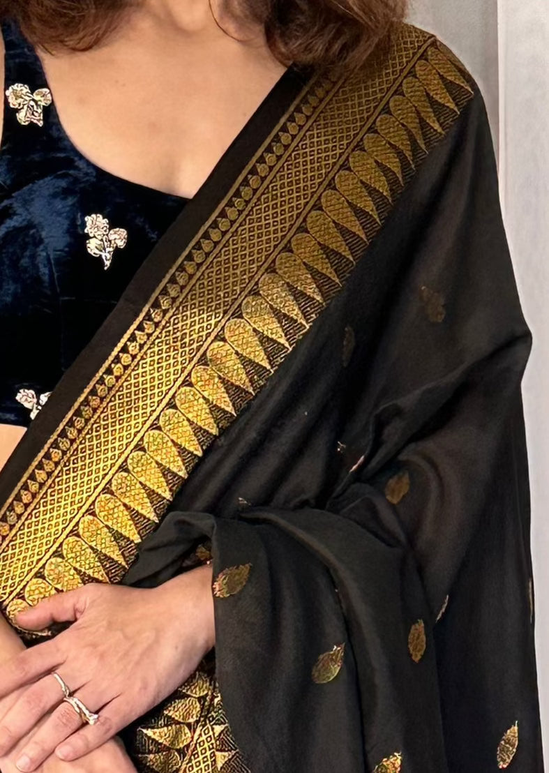 Black Pure Katan Silk and Cotton Banarasi Sari with Zari Work