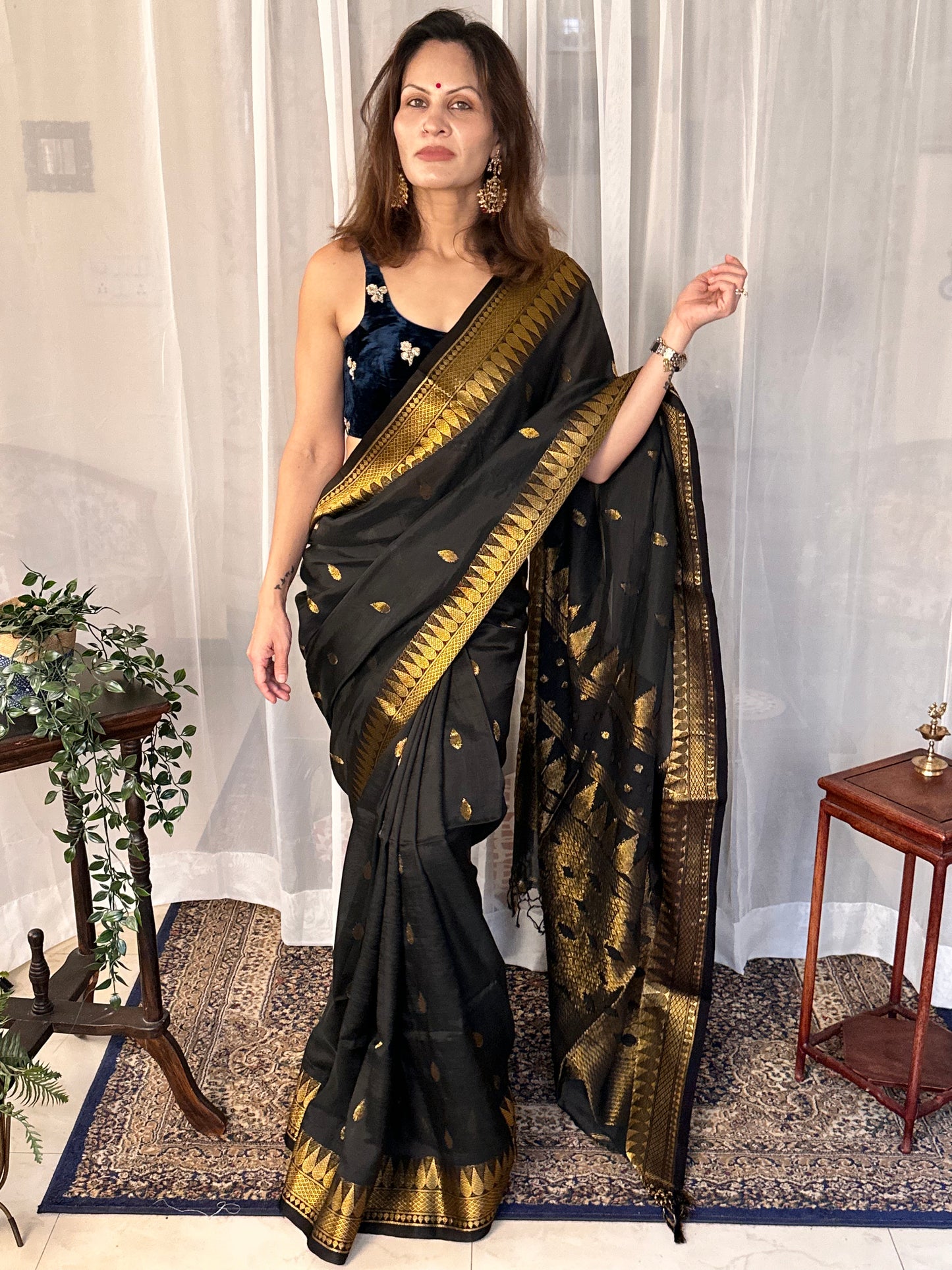 Black Pure Katan Silk and Cotton Banarasi Sari with Zari Work