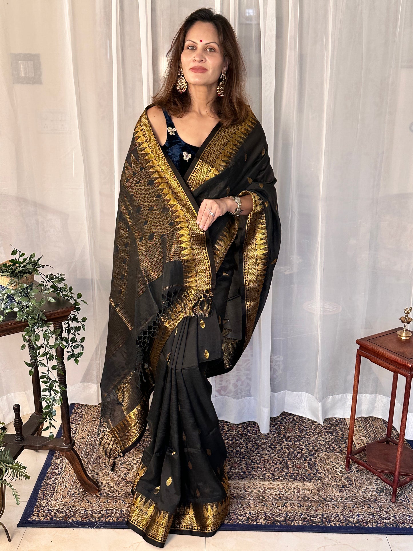 Black Pure Katan Silk and Cotton Banarasi Sari with Zari Work