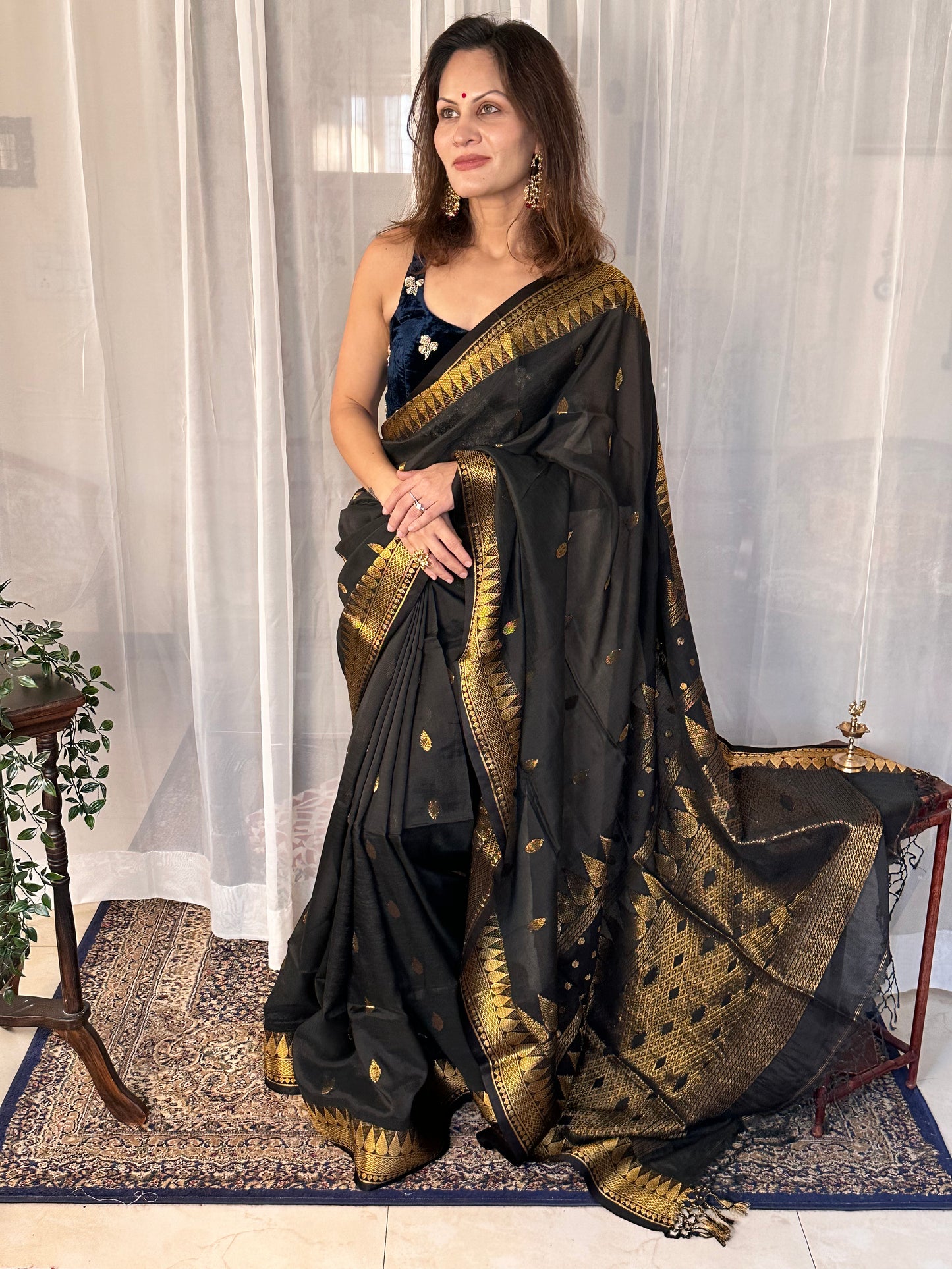 Black Pure Katan Silk and Cotton Banarasi Sari with Zari Work