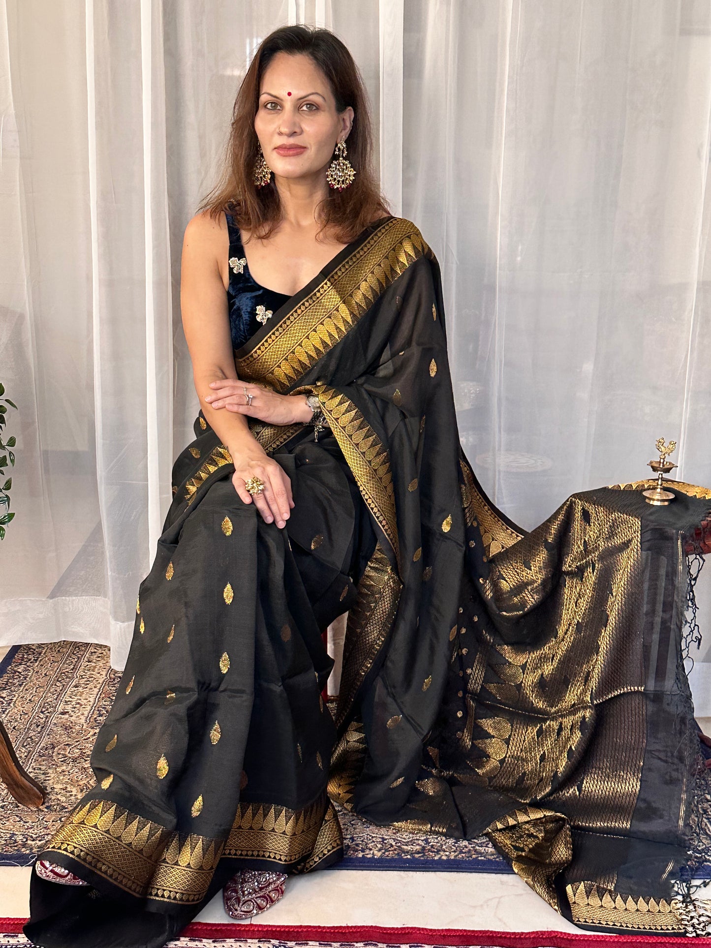 Black Pure Katan Silk and Cotton Banarasi Sari with Zari Work