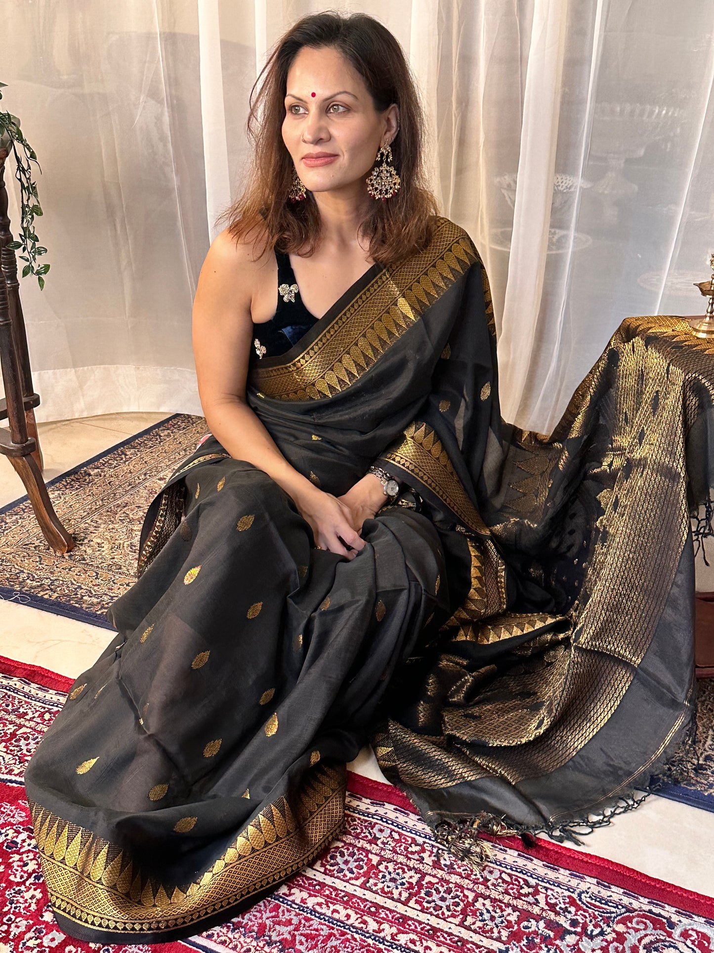 Black Pure Katan Silk and Cotton Banarasi Sari with Zari Work