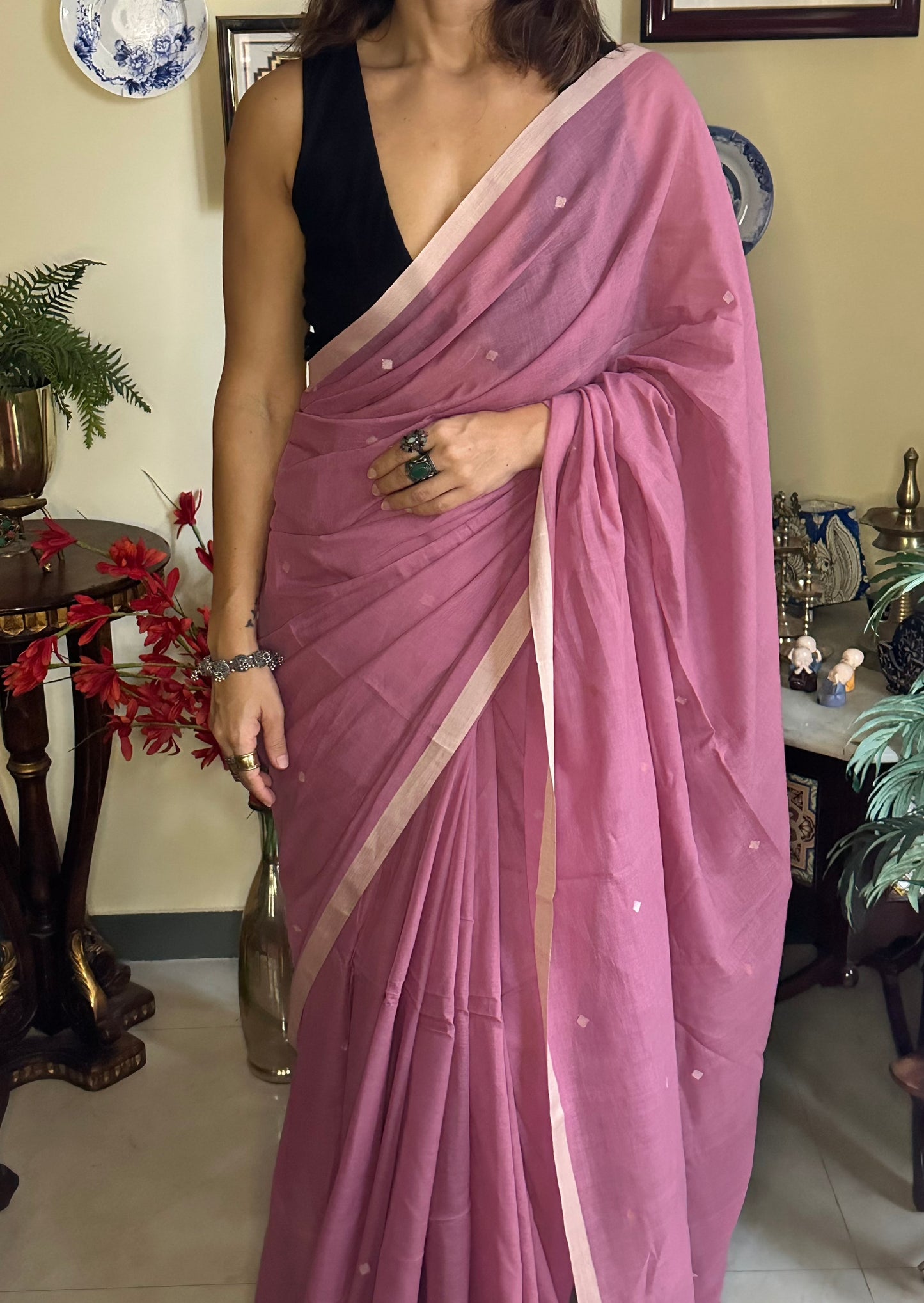 Hand Spun Pure Fine Cotton Jamdani Sari - Raahini