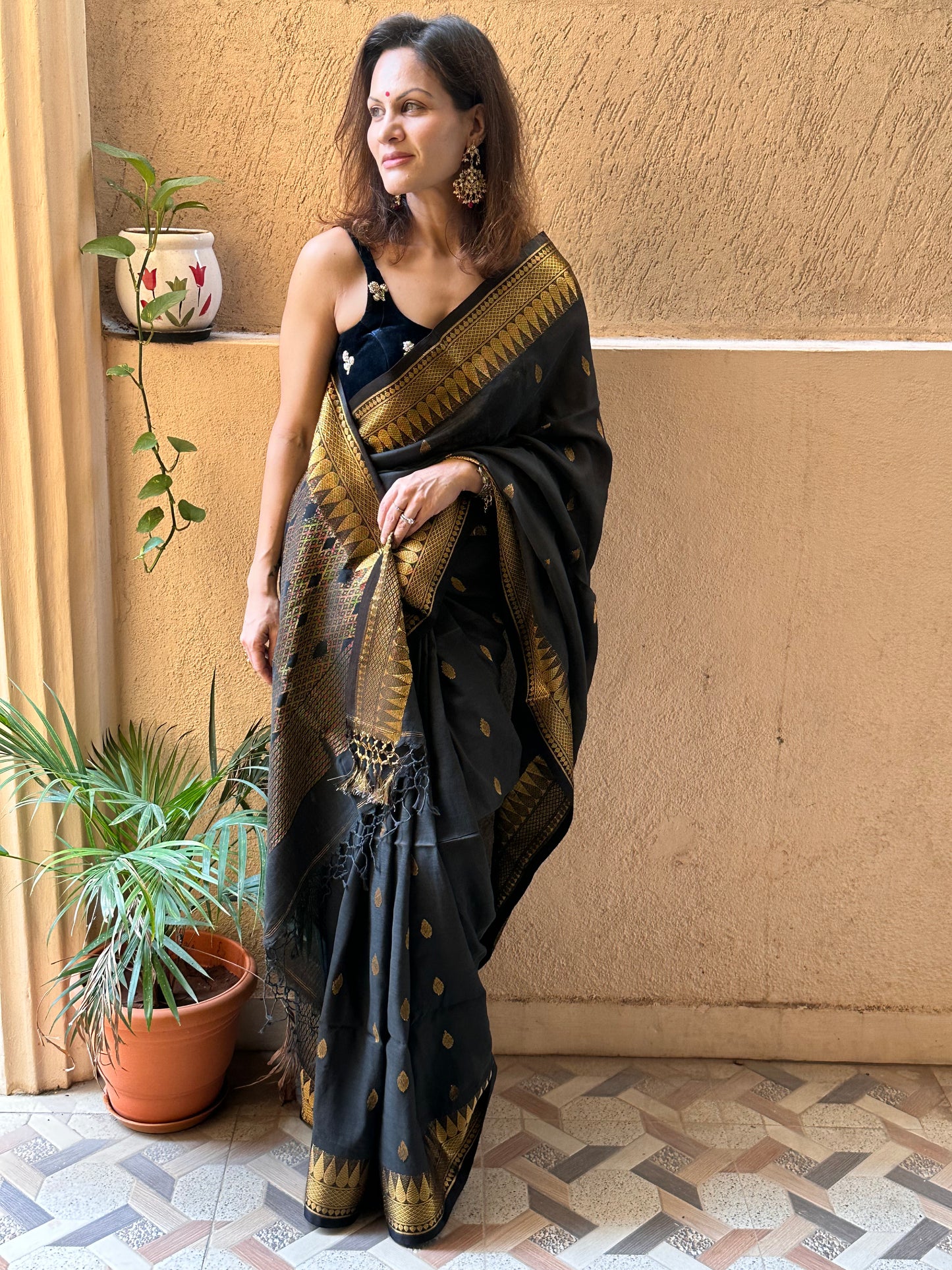 Black Pure Katan Silk and Cotton Banarasi Sari with Zari Work