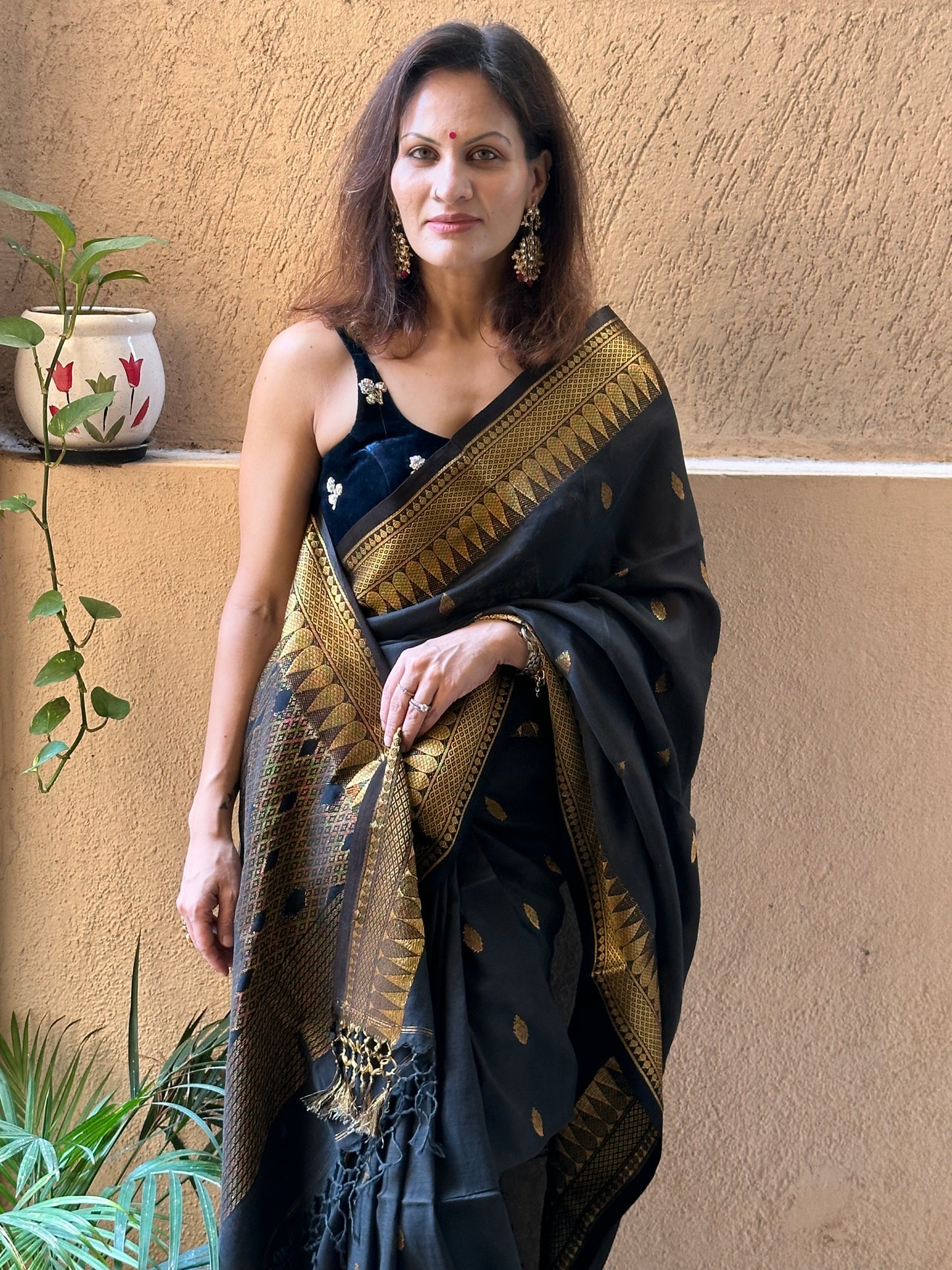 Black Pure Katan Silk and Cotton Banarasi Sari with Zari Work