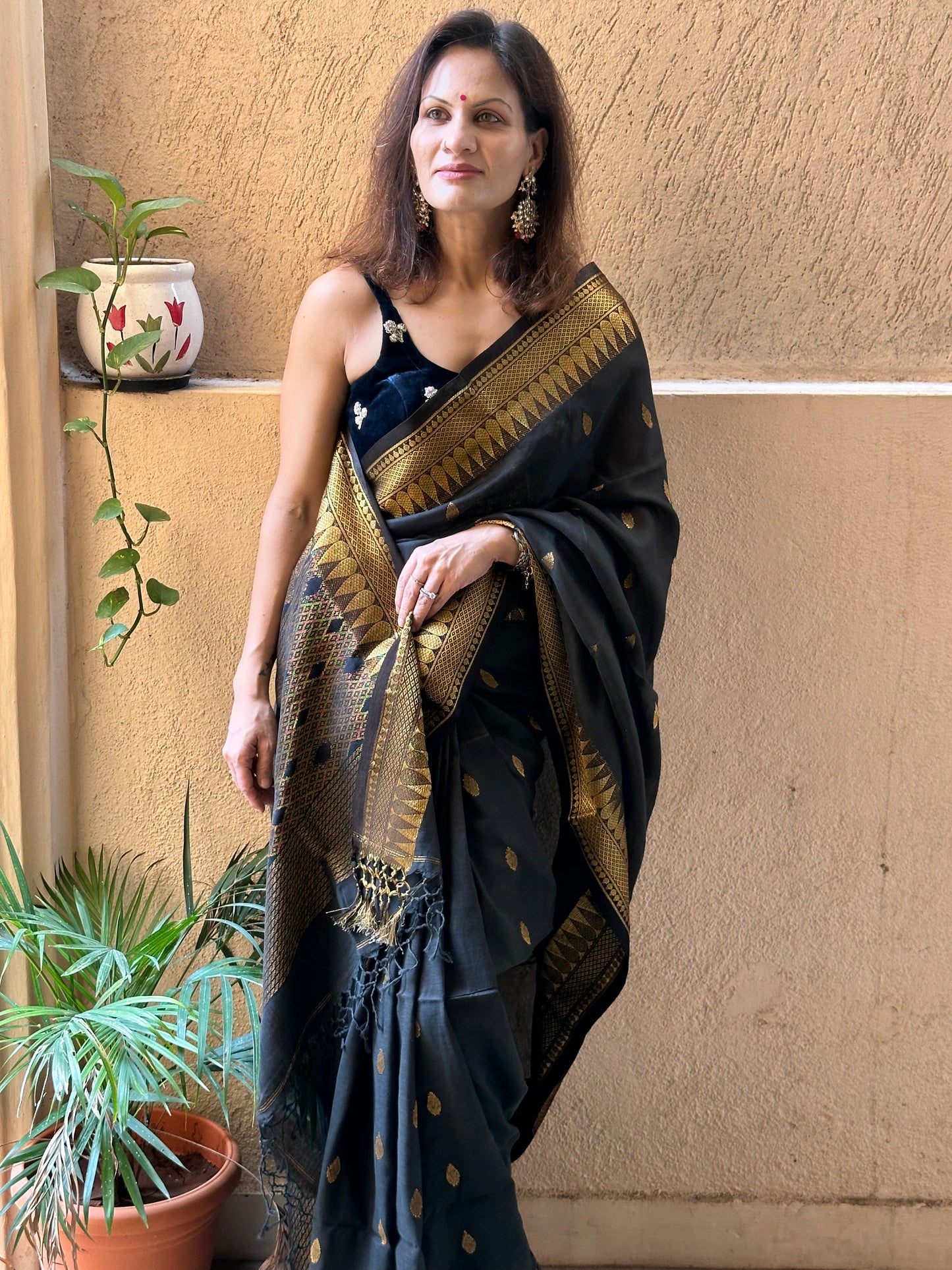 Black Pure Katan Silk and Cotton Banarasi Sari with Zari Work