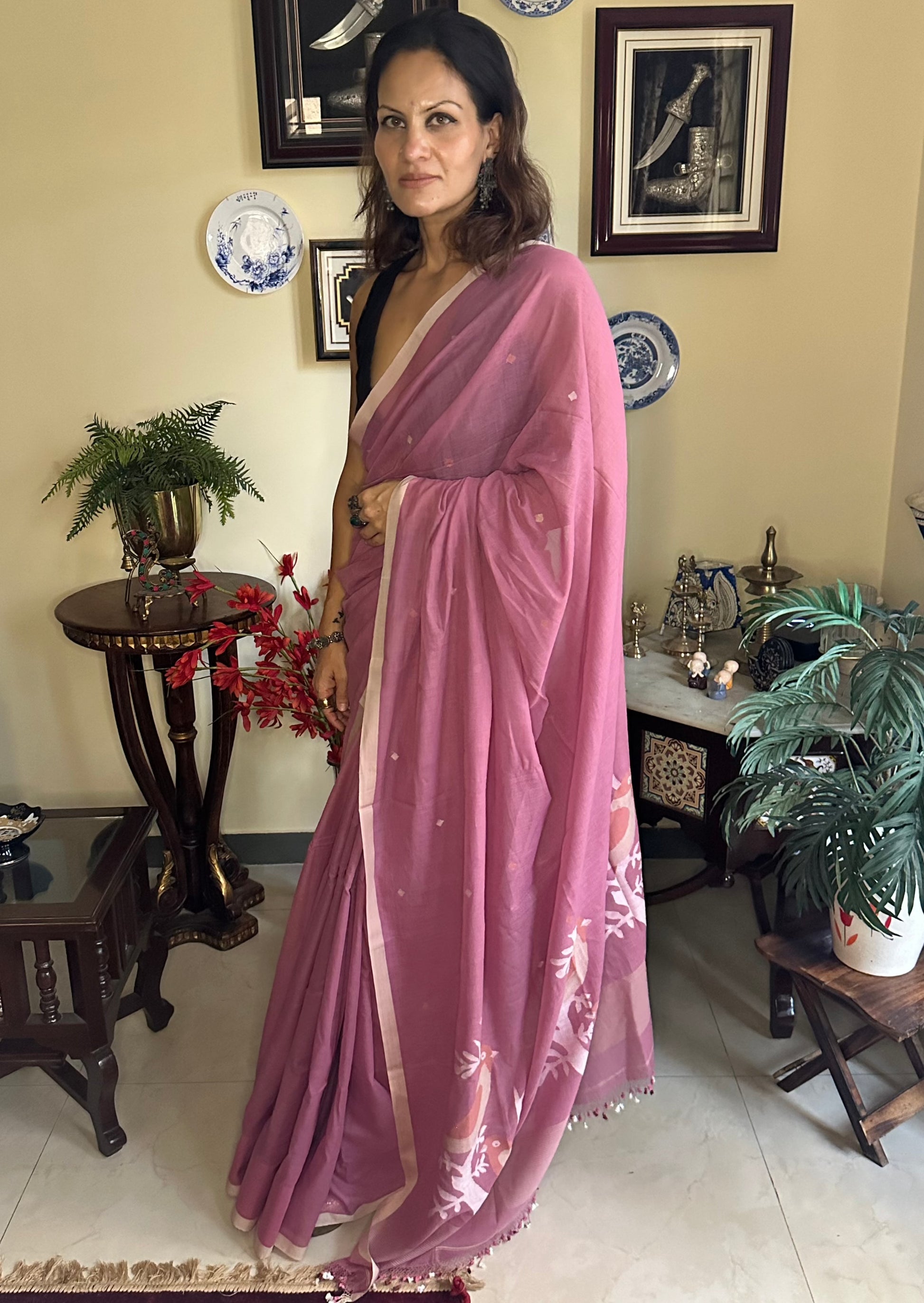 Hand Spun Pure Fine Cotton Jamdani Sari - Raahini