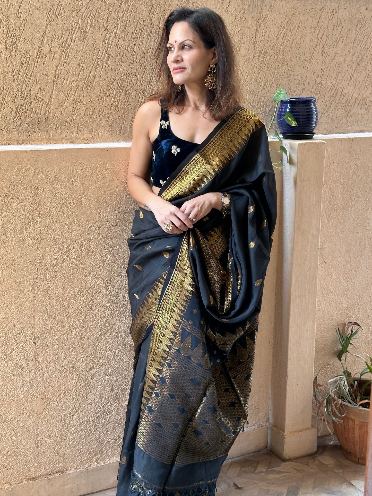 Black Pure Katan Silk and Cotton Banarasi Sari with Zari Work