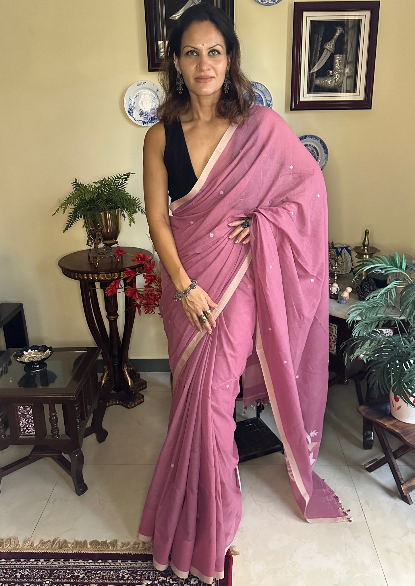 Hand Spun Pure Fine Cotton Jamdani Sari - Raahini