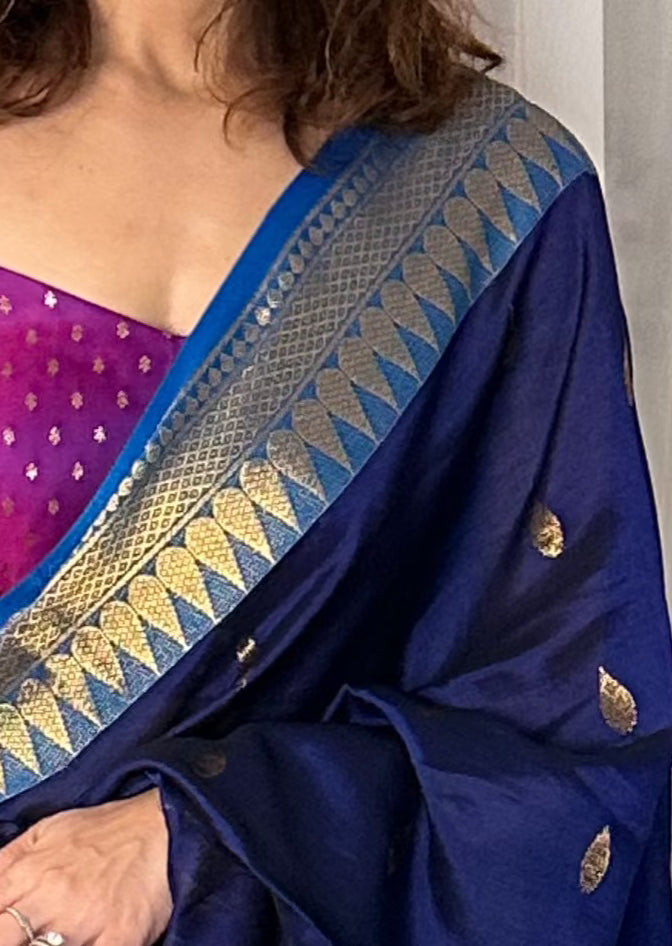 Blue Pure Katan Silk and Cotton Banarasi Sari with Zari Work