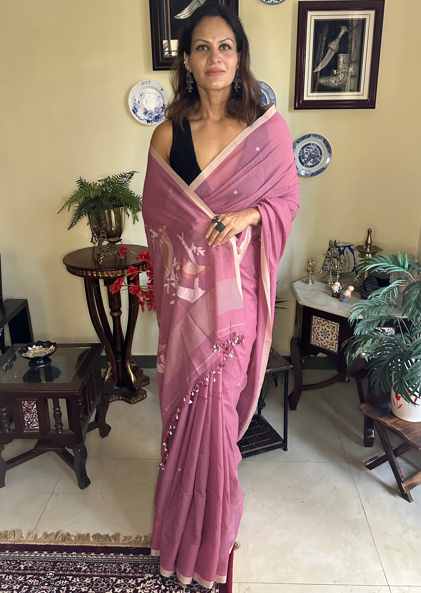 Hand Spun Pure Fine Cotton Jamdani Sari - Raahini