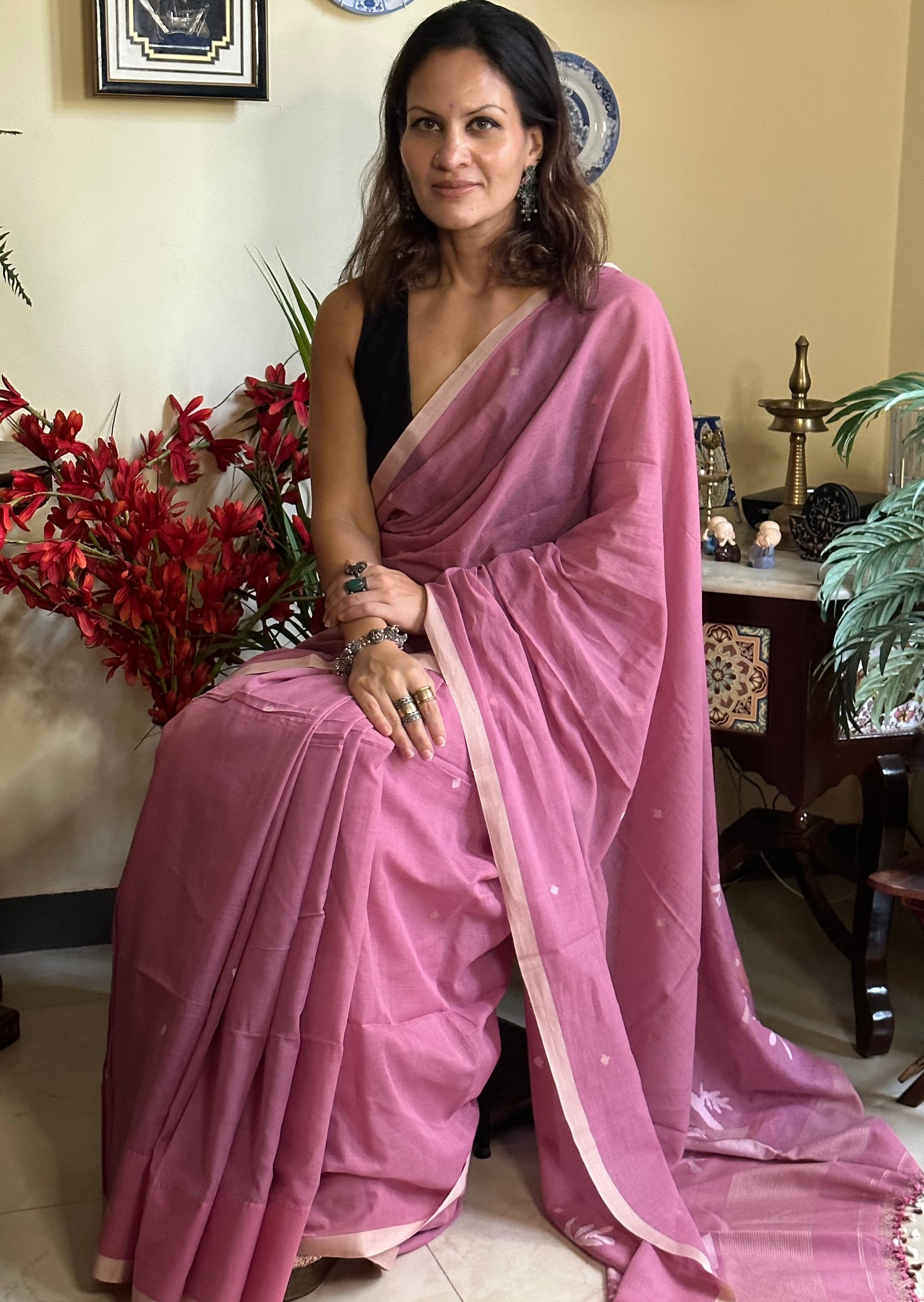 Hand Spun Pure Fine Cotton Jamdani Sari - Raahini