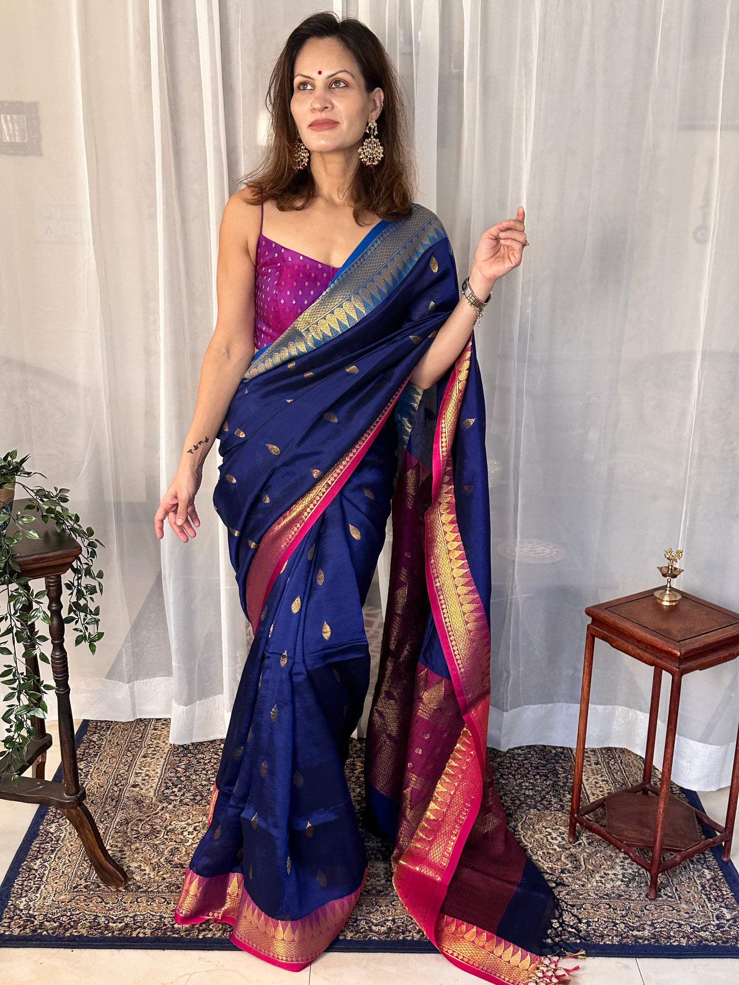 Blue Pure Katan Silk and Cotton Banarasi Sari with Zari Work